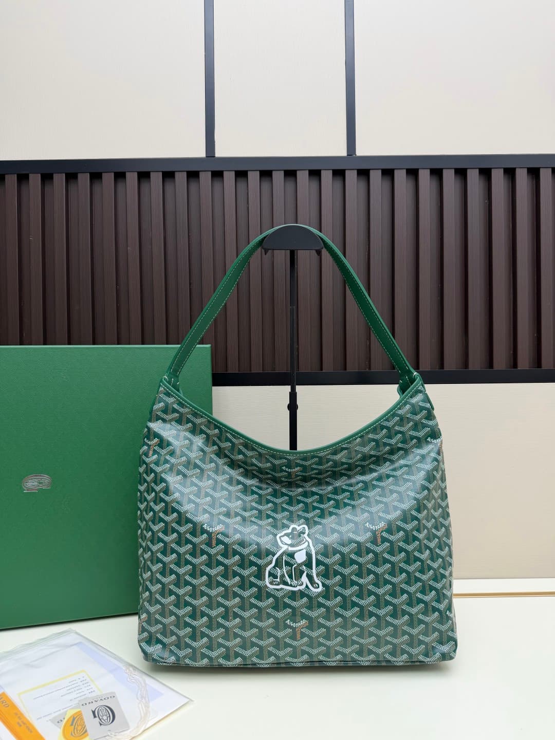 Goyard Bohème Green Hobo Bag Chevron Canvas and  White Painted Mascot High