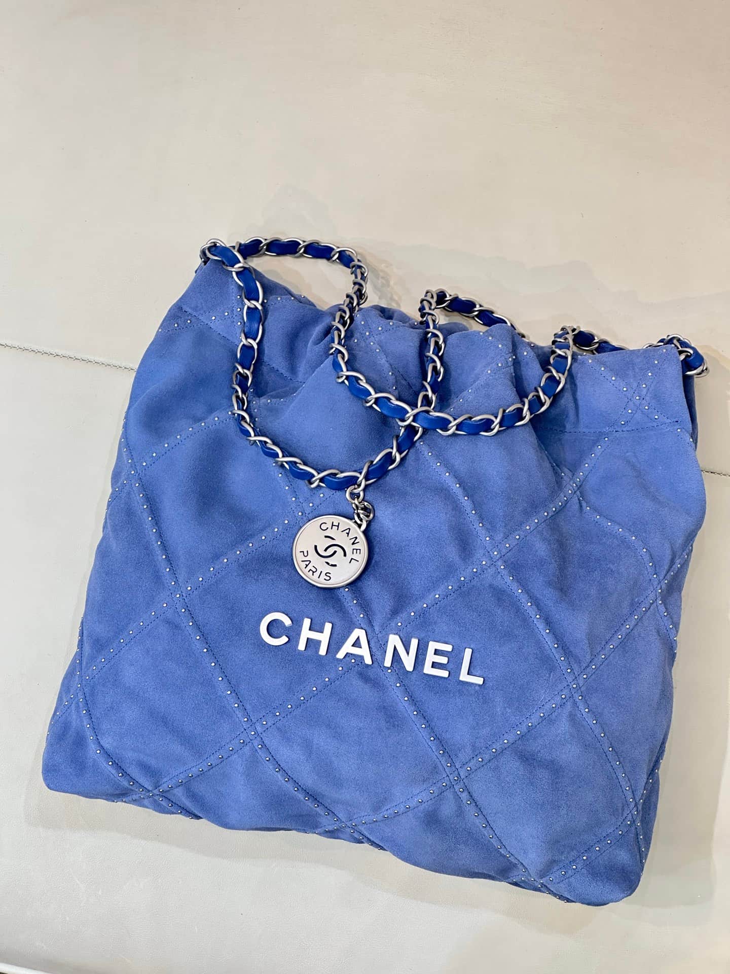 Chanel 22 Small handbag Suede calfskin studs & silver-tone metal AS3260 Blue TOP