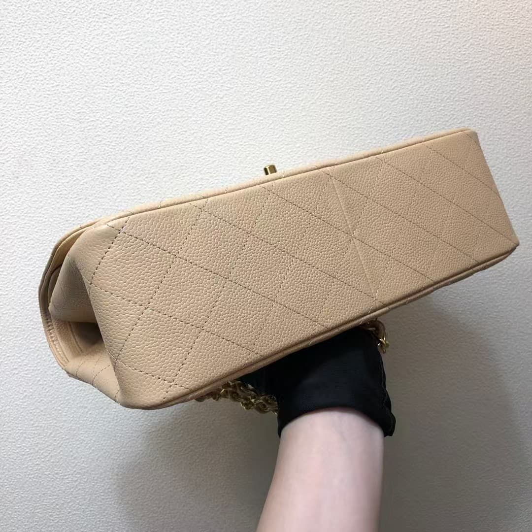 Large CLASSIC HANDBAG Grained Calfskin Gold Metal Beige A