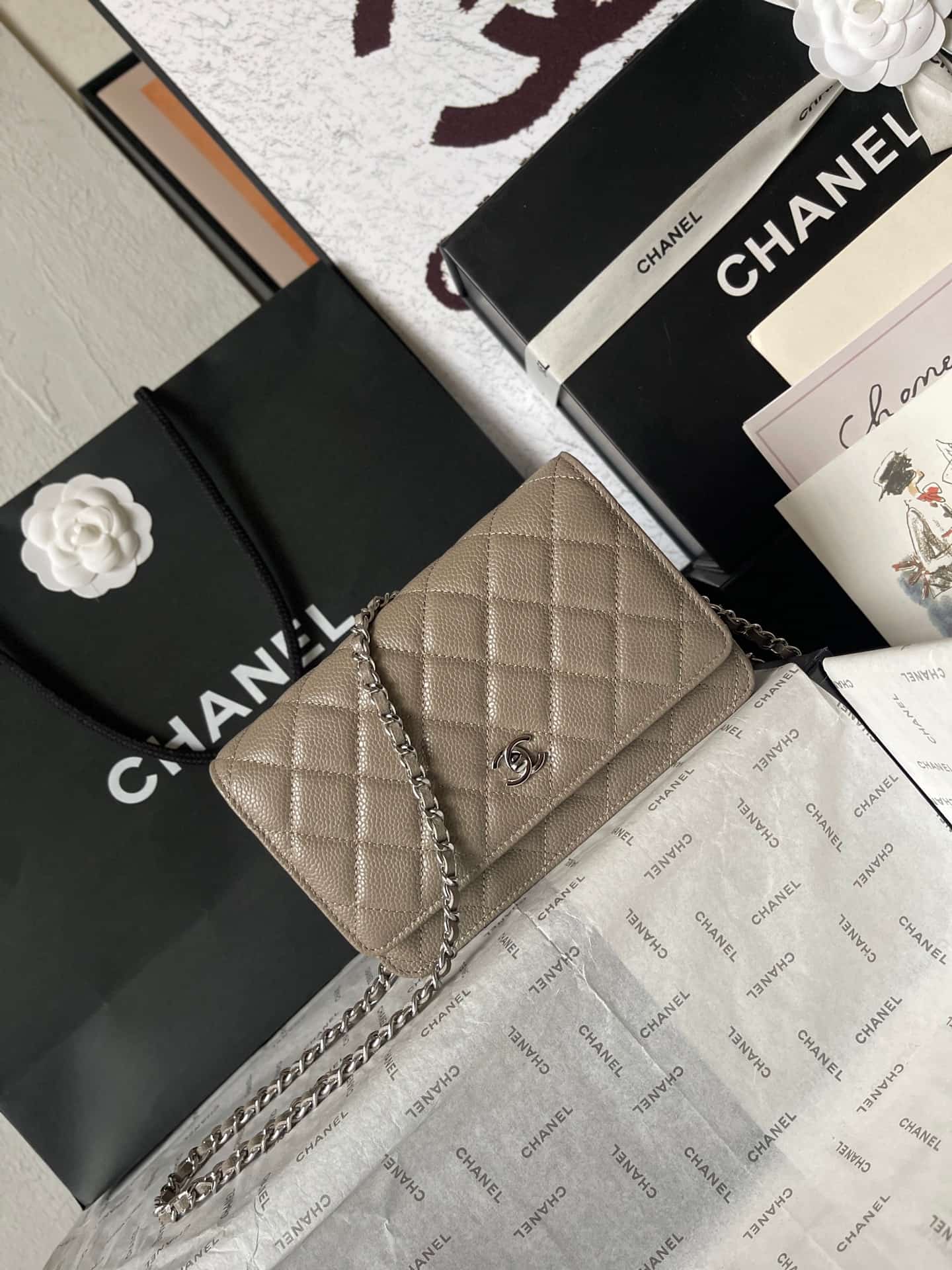 Chanel Classic Wallet on Chain Grained Shiny Calfskin & Silver-Tone Metal AP4241 Grey A