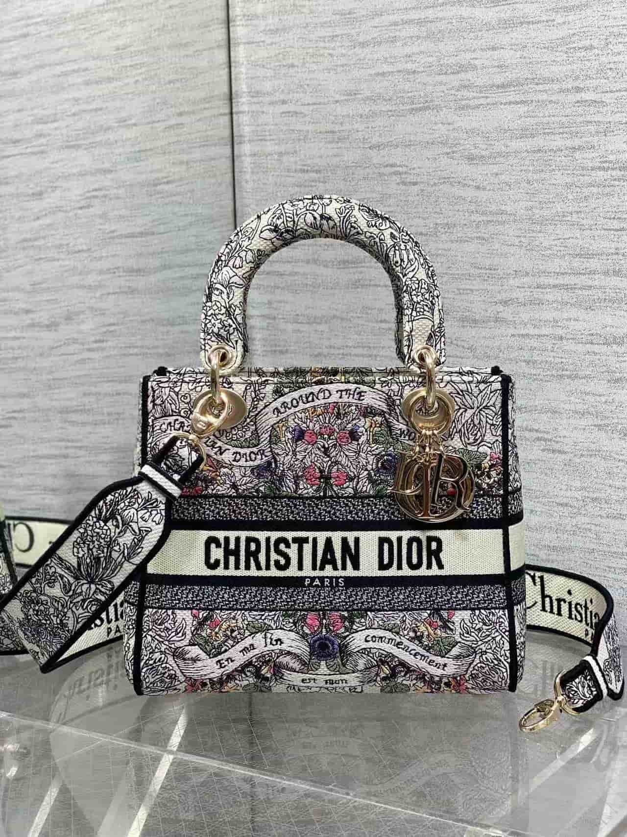Medium Lady D-Lite Bag Latte Embroidery with Multicolor Dior Around the World Motif High