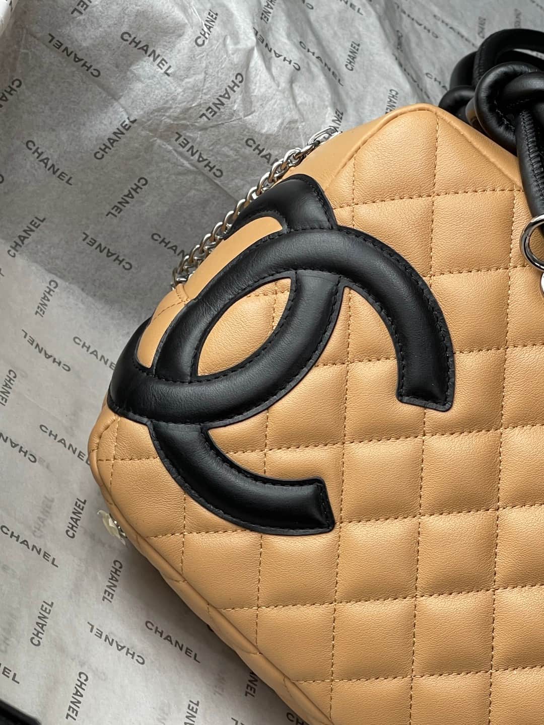 Chanel Cambon Ligne Bowler bag Calfskin & Silver-Tone Metal AS25171 Beige High