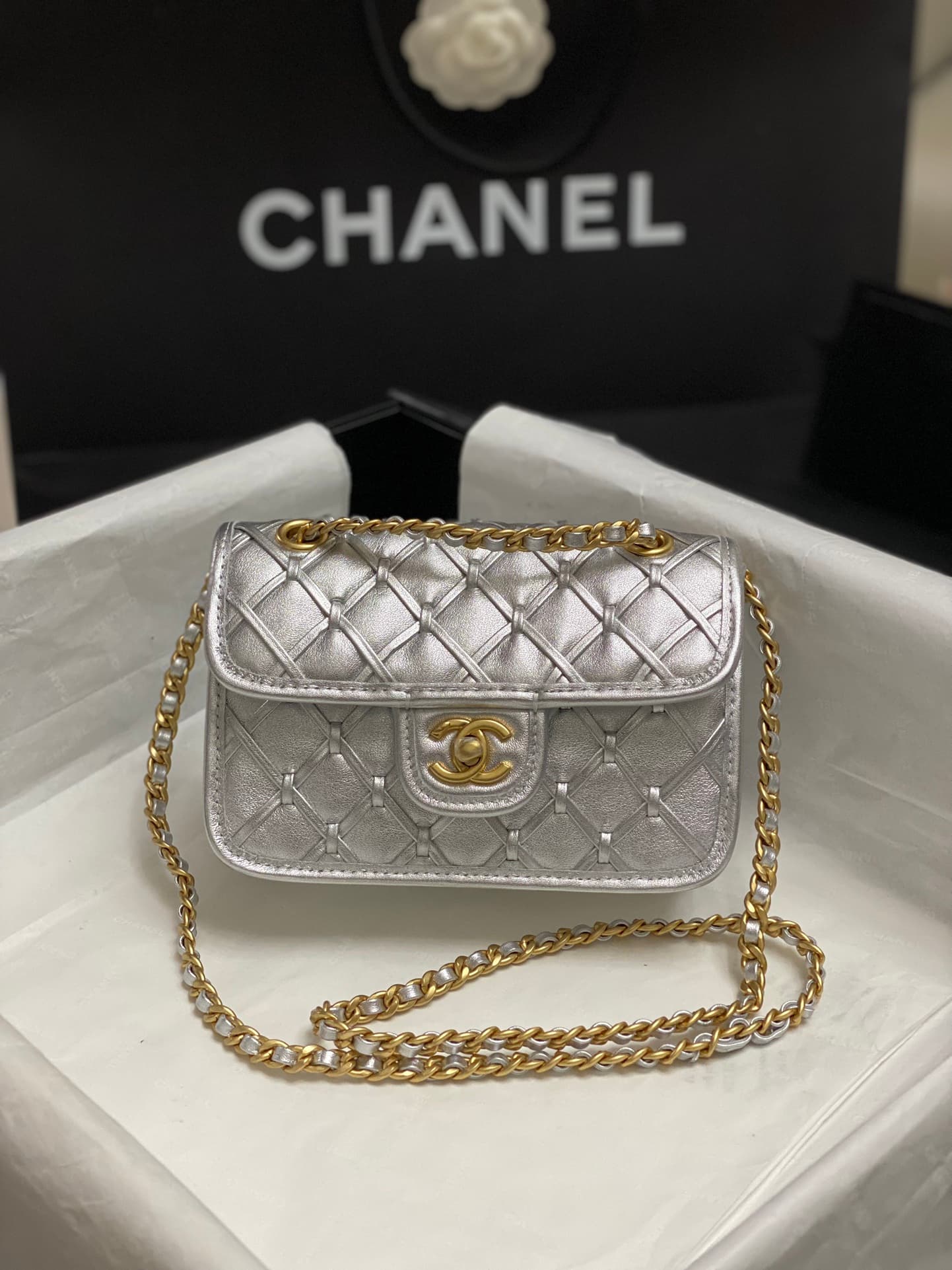 Chanel Mini Flap Bag Metallized Braided Calfskin & Gold-Tone Metal  Silver AS4797 High