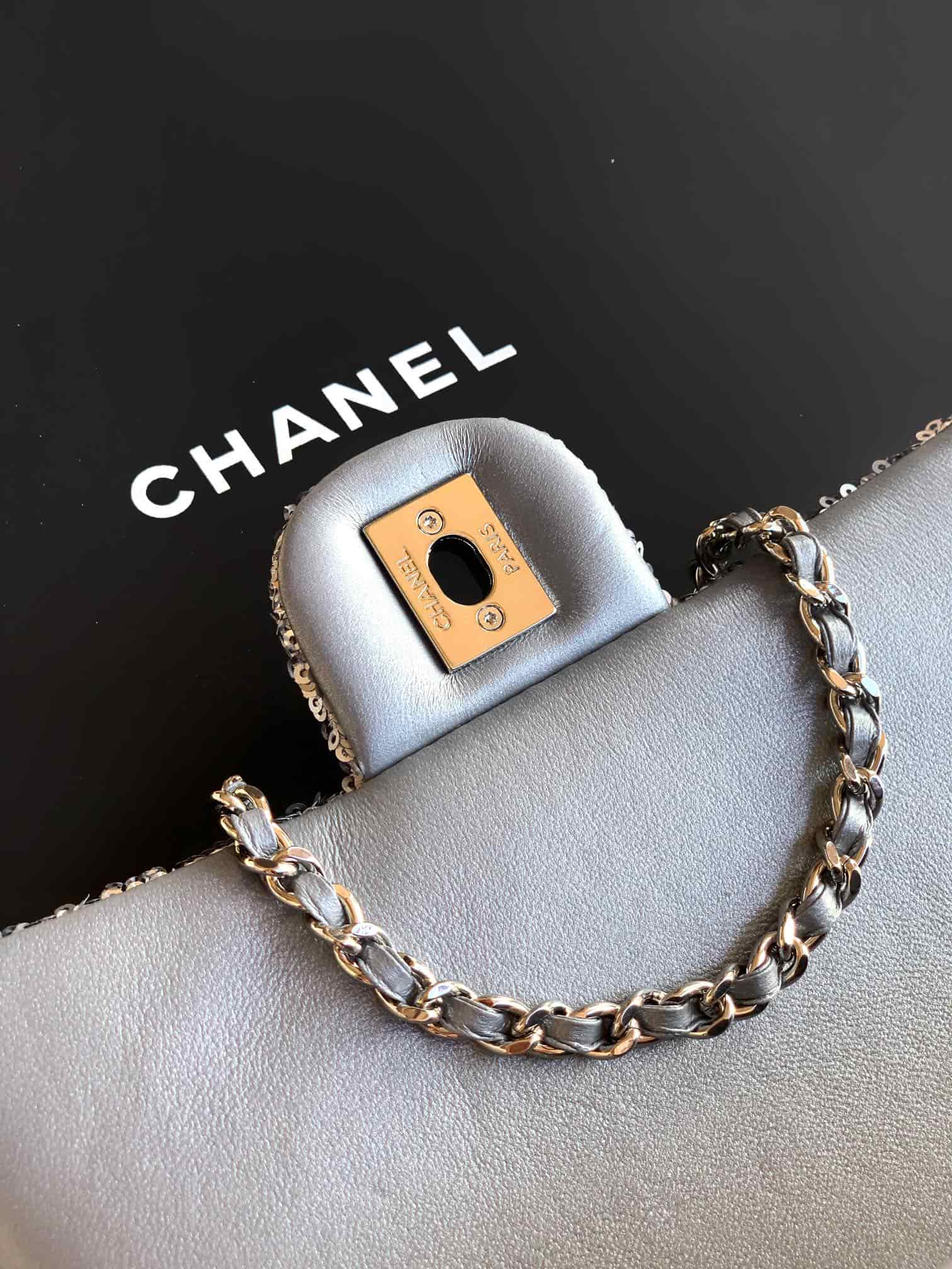 Chanel Classic Mini Flap Bag Sequins Embroidery & Silver-Tone Metal Silver 6171 A