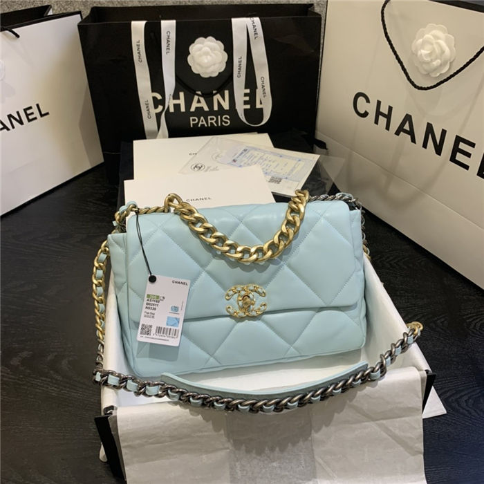 Large Chanel 19 Flap Bag Lambskin Light Blue High