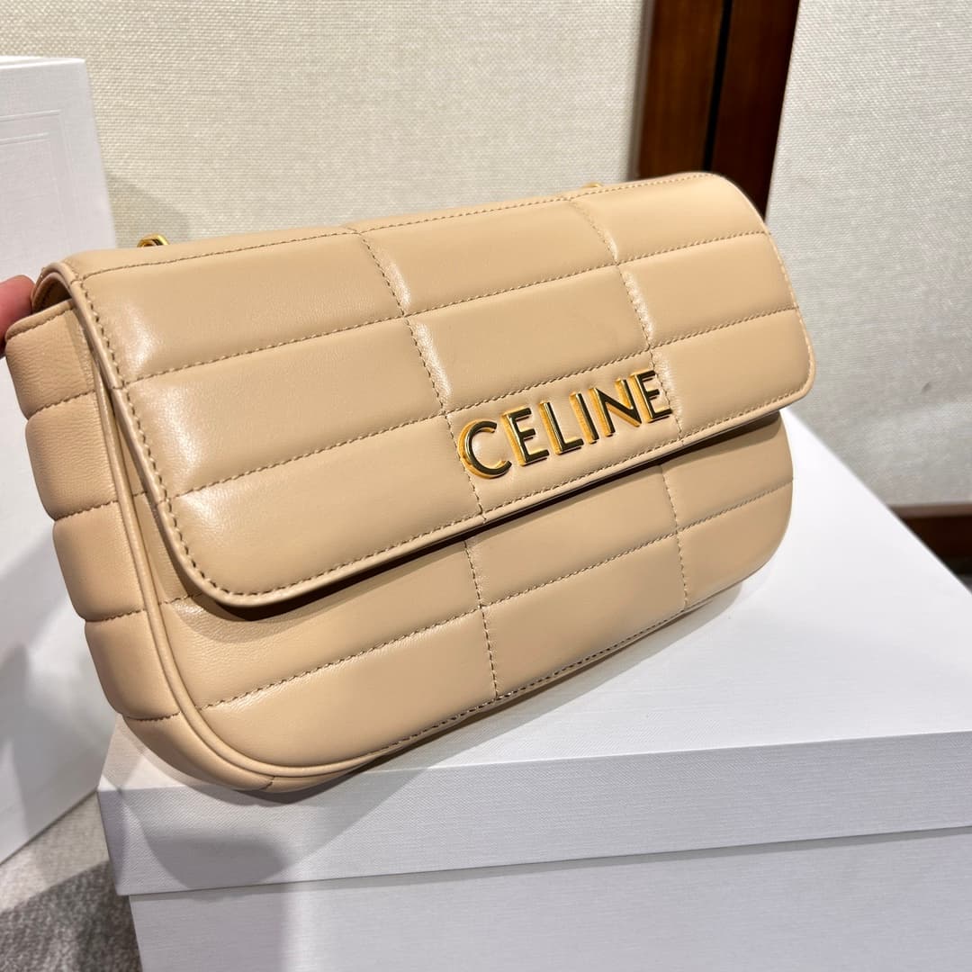 Celine Matelasse Monochrome Chain Shoulder Bag Beige High