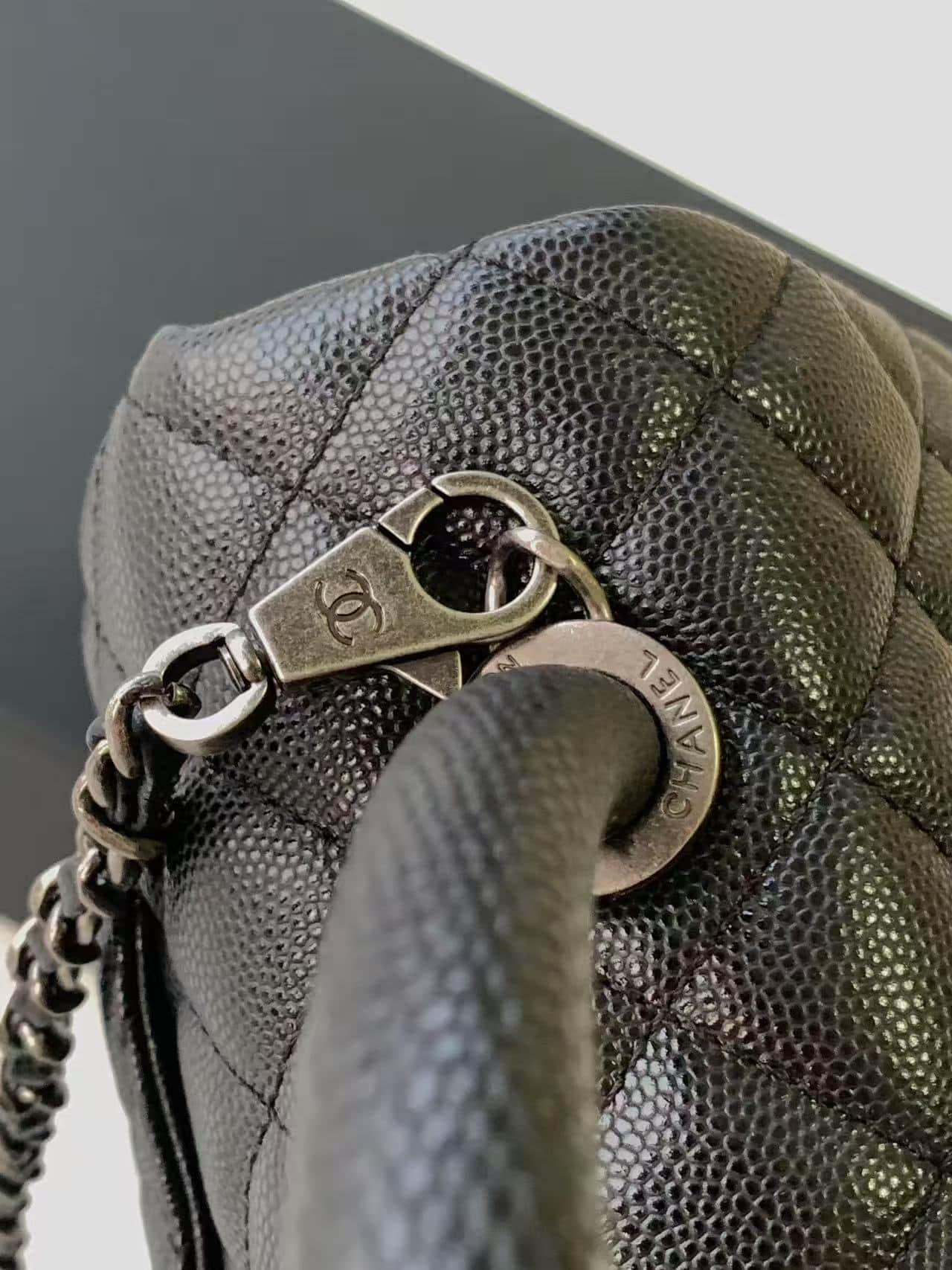 SMALL FLAP BAG WITH TOP HANDLE Grained Calfskin Black-binding Anti-silver Metal High