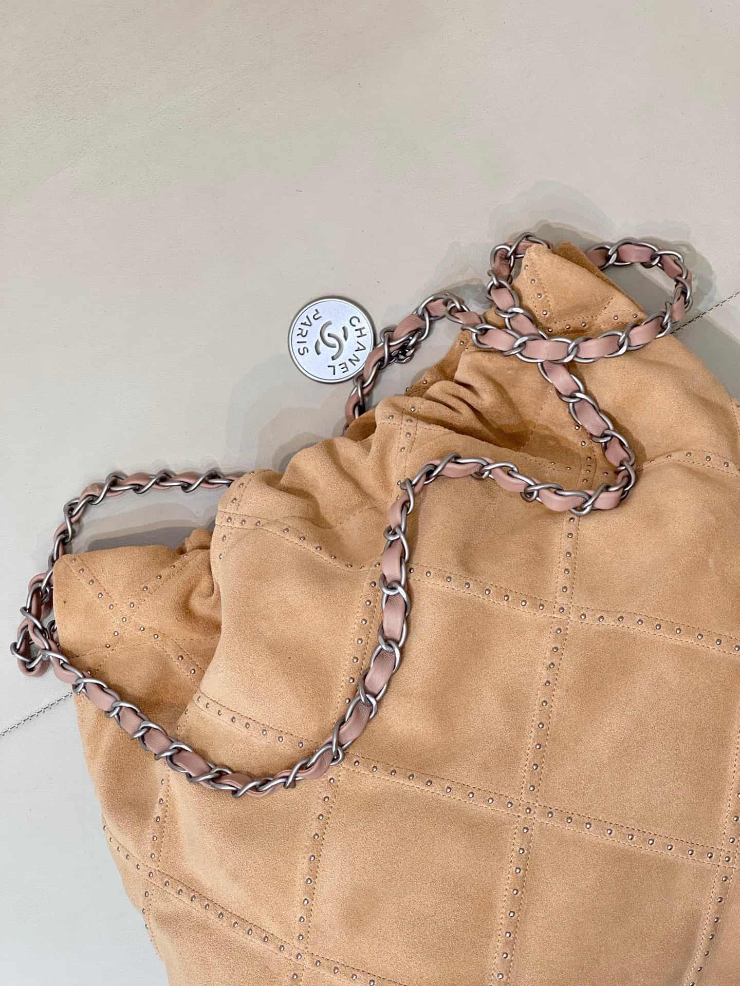 Chanel 22 Small handbag Suede calfskin studs & silver-tone metal AS3260 Beige TOP
