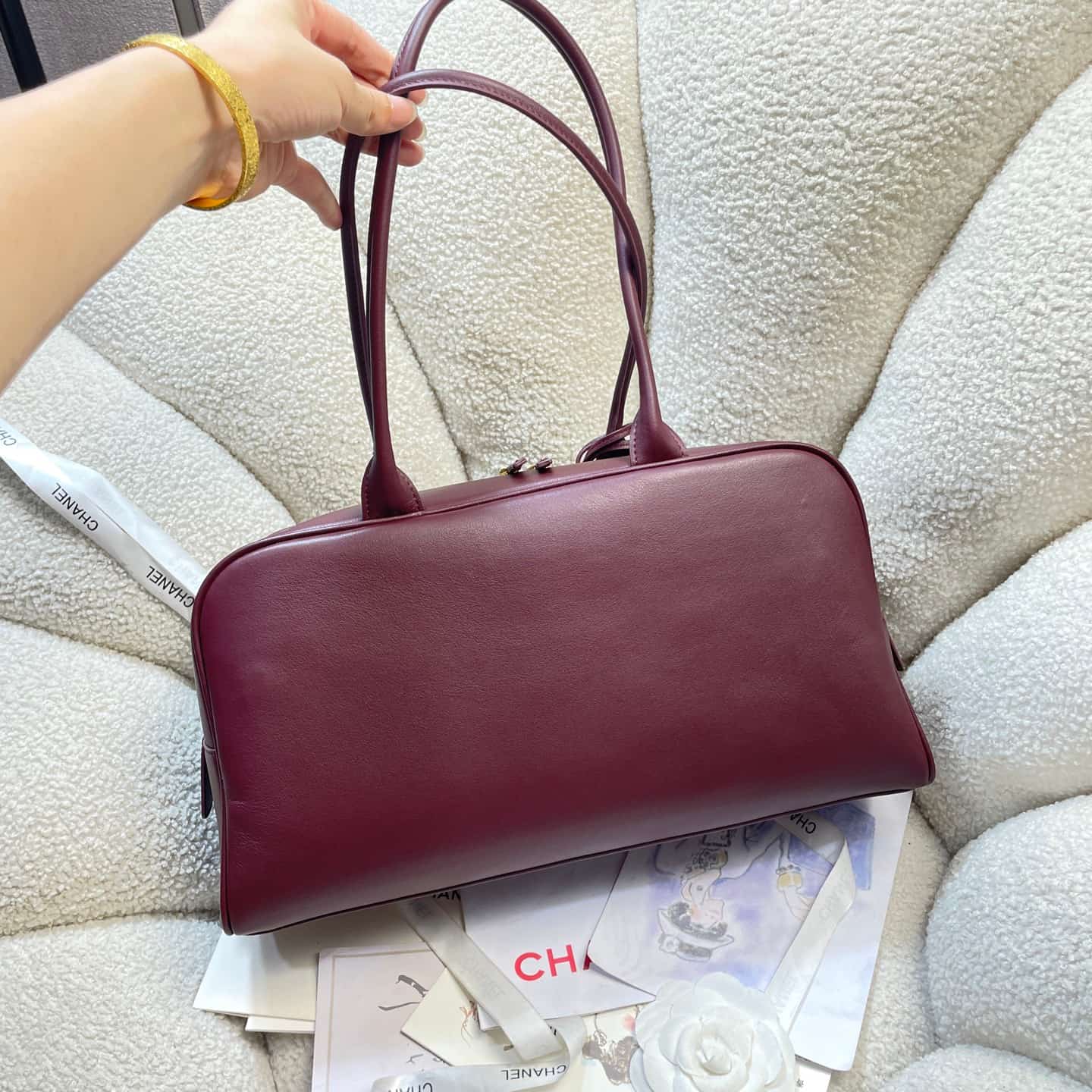 Chanel Maxi Bowling Bag Calfskin & Gold-Tone Metal Claret AS6211 A