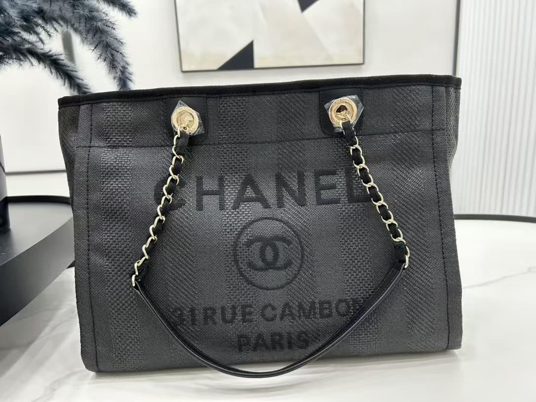 SHOPPING BAG Mixed Fibers & Gold-Tone Metal Black High
