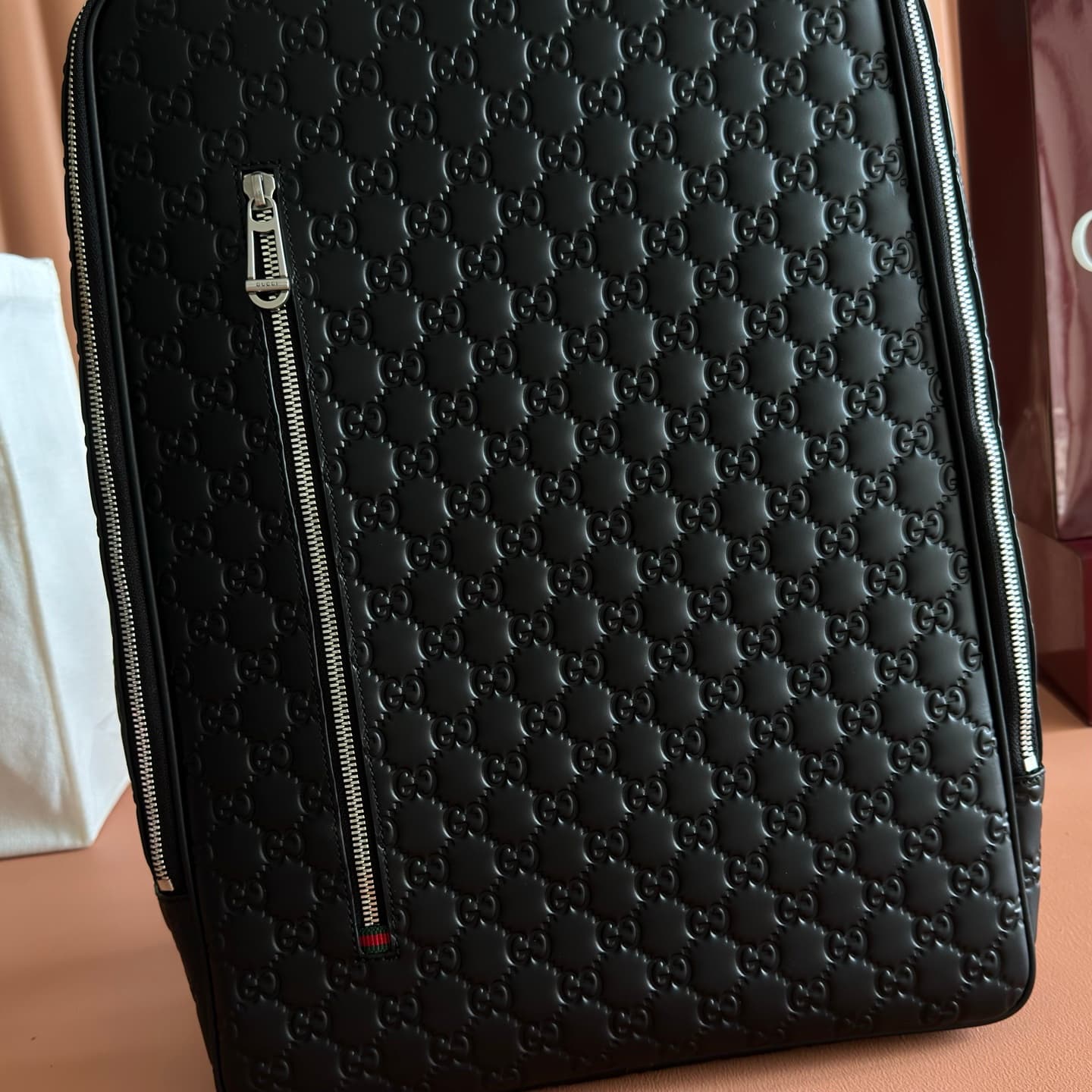 Gucci GG Emblem medium backpack Black embossed GG smooth leather 857974  High
