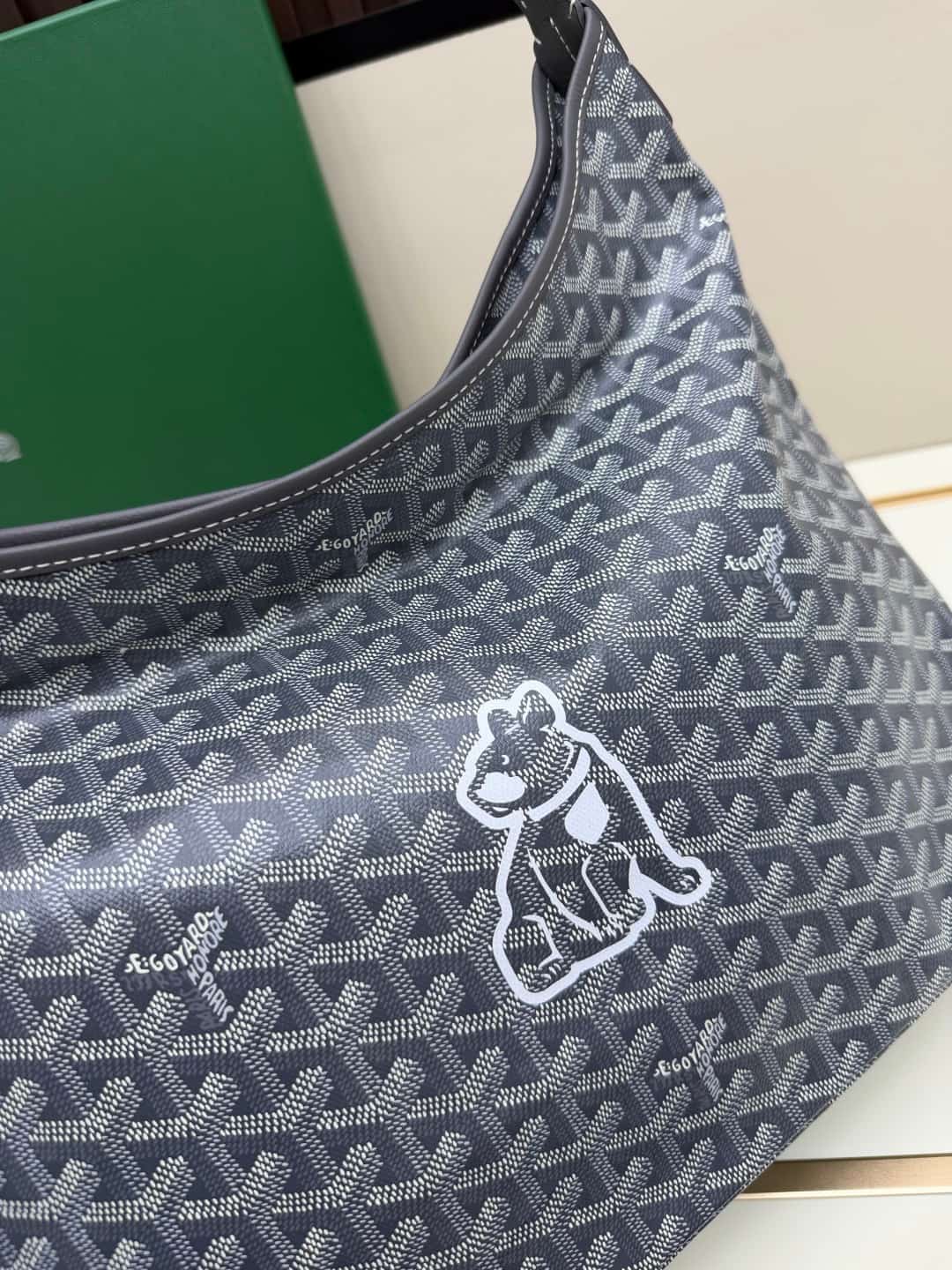 Goyard Bohème Grey Hobo Bag Chevron Canvas and  White Painted Mascot High