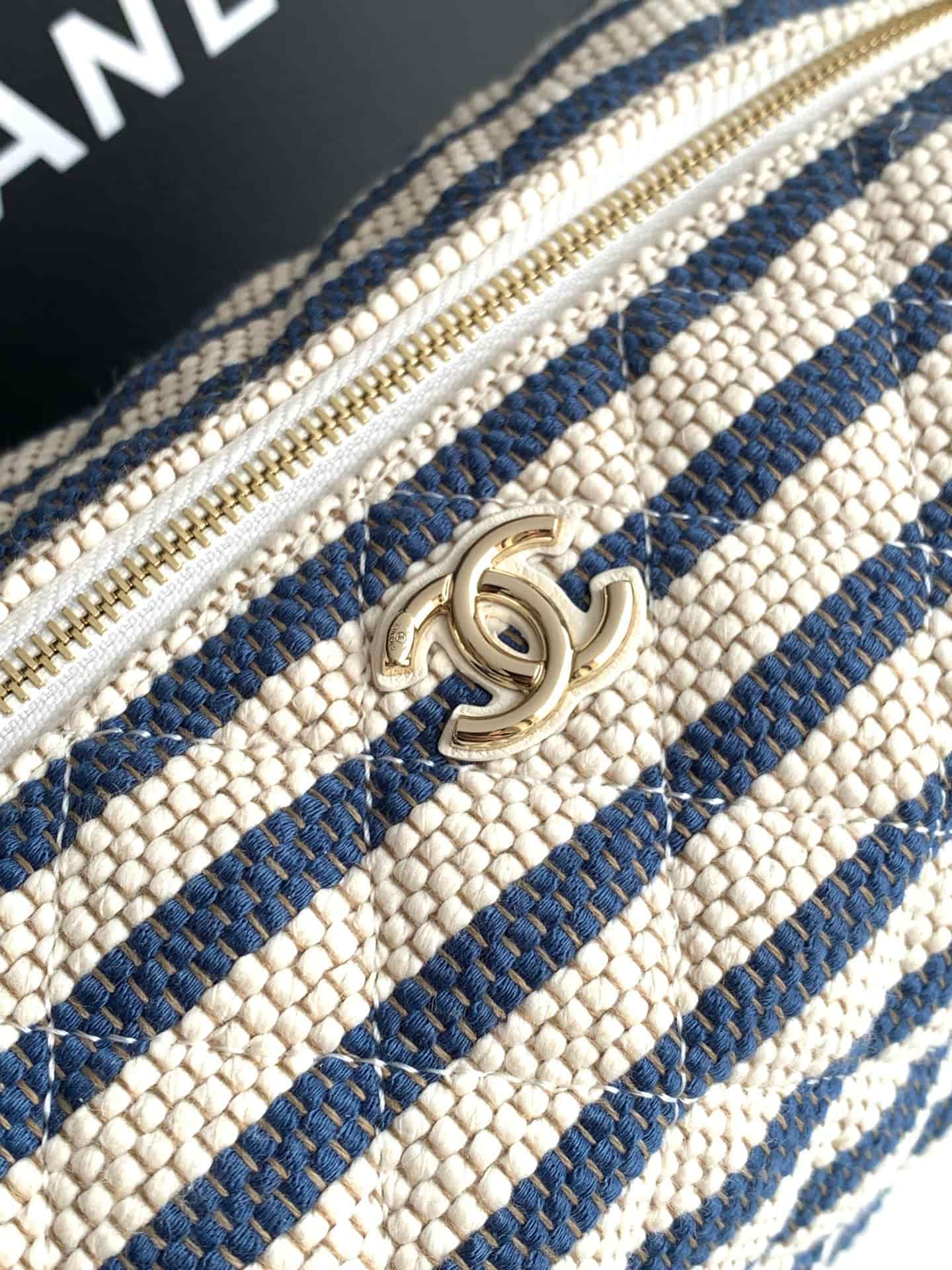 CHANEL Stripe Cosmetic Pouch Bag Printed fabric & Gold-Tone Metal Beige & Light Blue AP4990 A