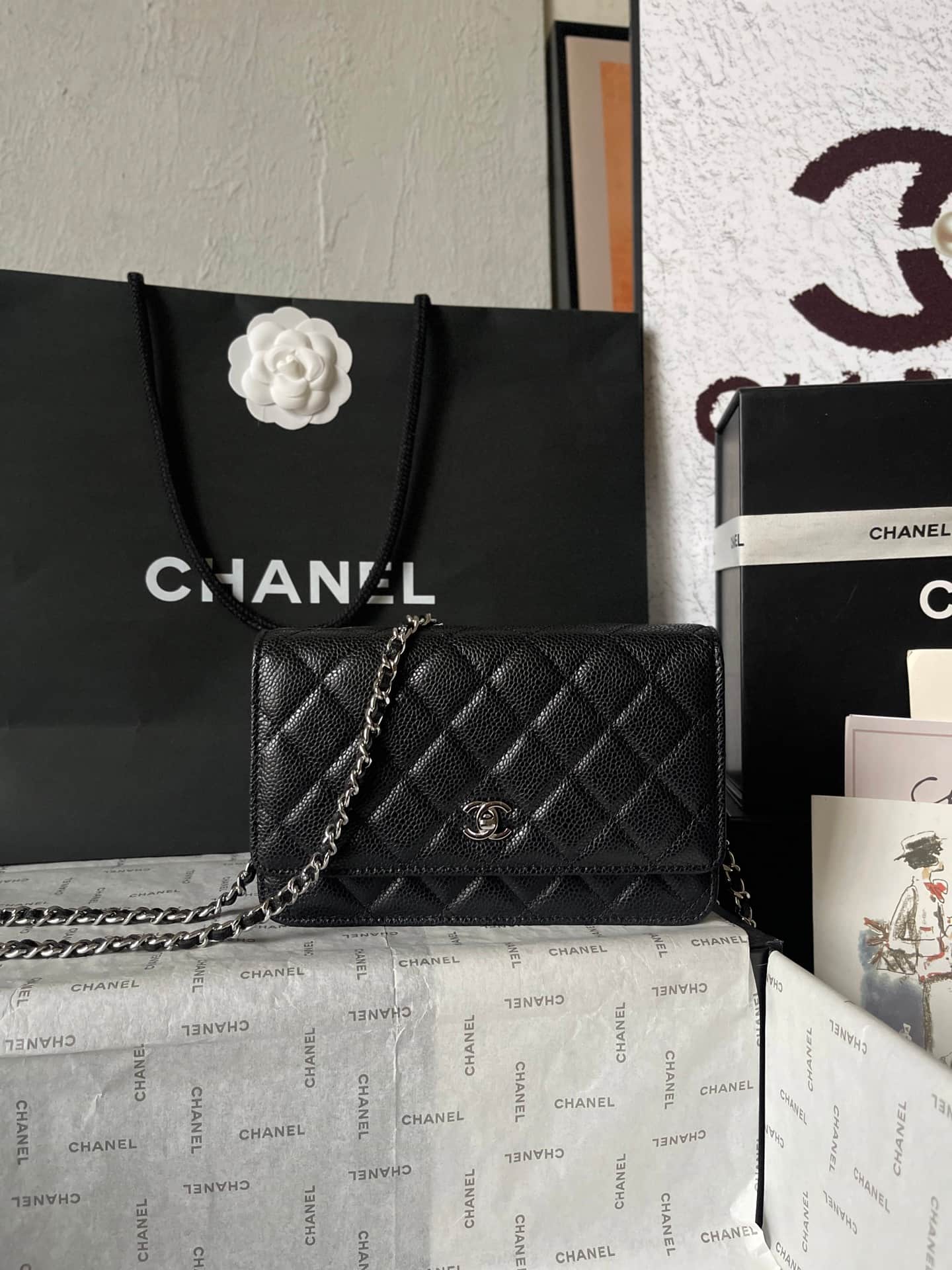 Chanel Classic Wallet on Chain Grained Shiny Calfskin & Silver-Tone Metal AP4241 Black A
