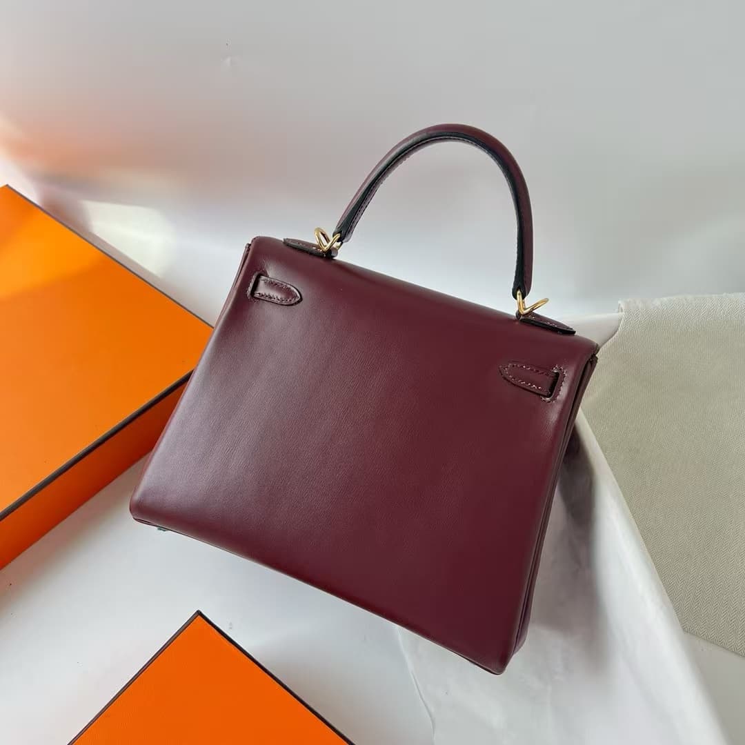 Hermes Kelly 25/28/32cm Retourne Bag Box Leather In Burgundy WAX High Customizing style