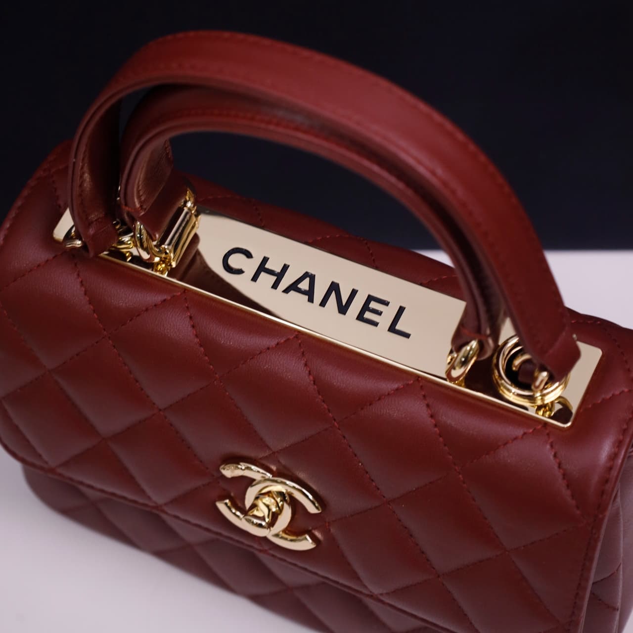 Chanel MINI FLAP BAG WITH TOP HANDLE AS4654 Lambskin &Gold-Tone Metal Brown A