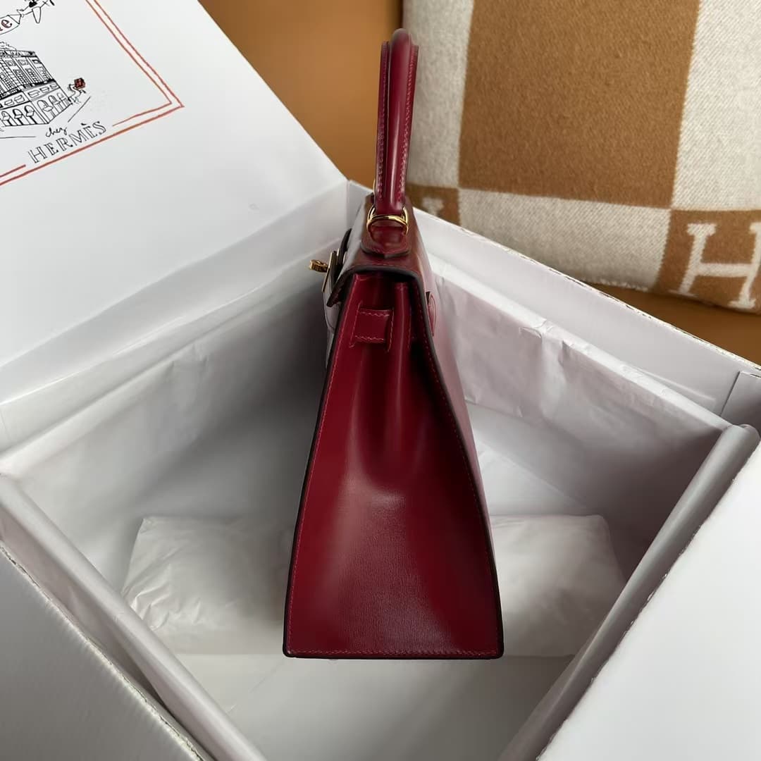 Hermes Kelly 25/28/32cm Sellier Bag Box Leather In Burgundy WAX High Customizing style