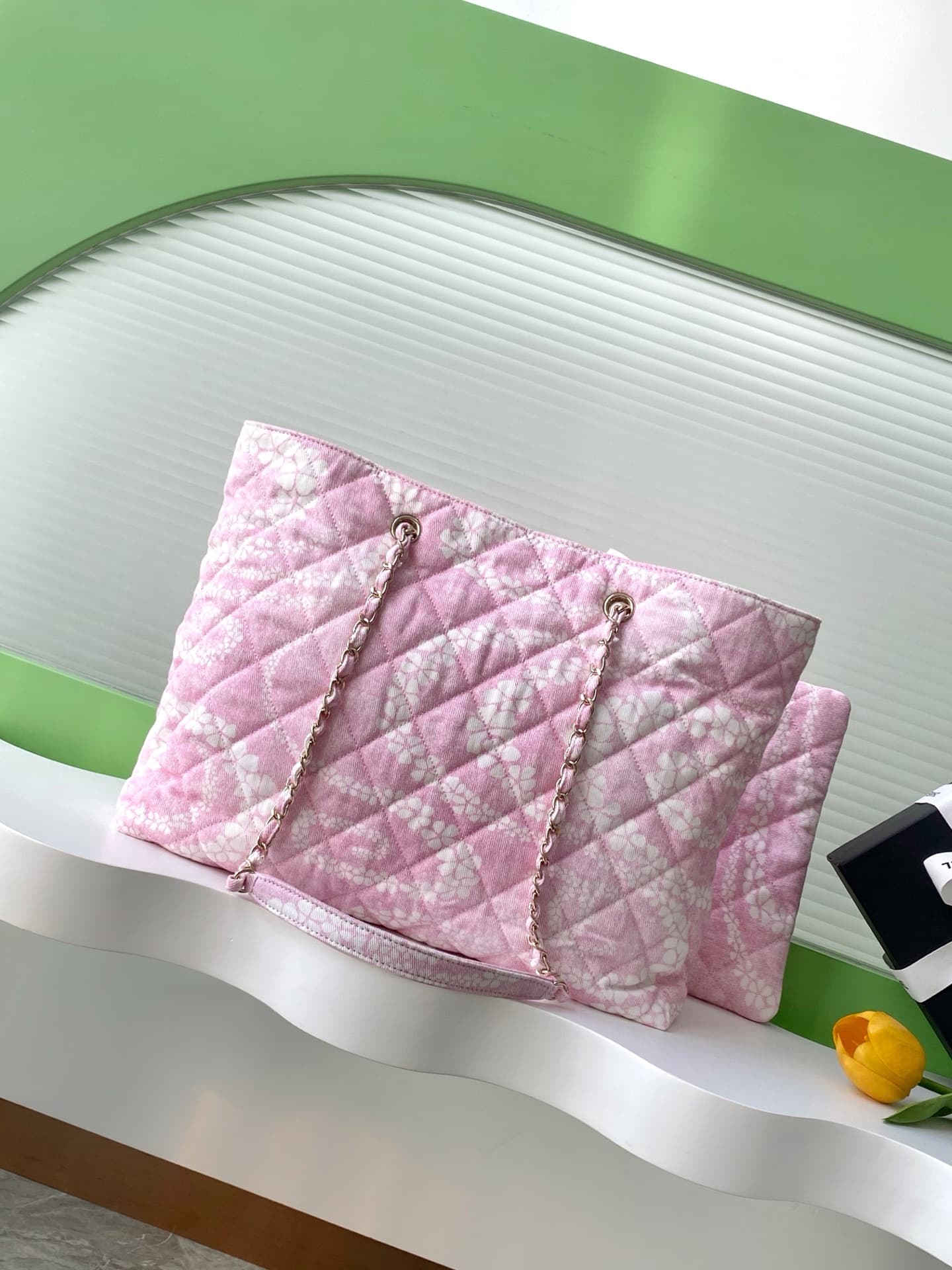 Chanel Beach Hobo Handbag Printed Cotton & Gold-Tone Metal AS5429 White and Pink A