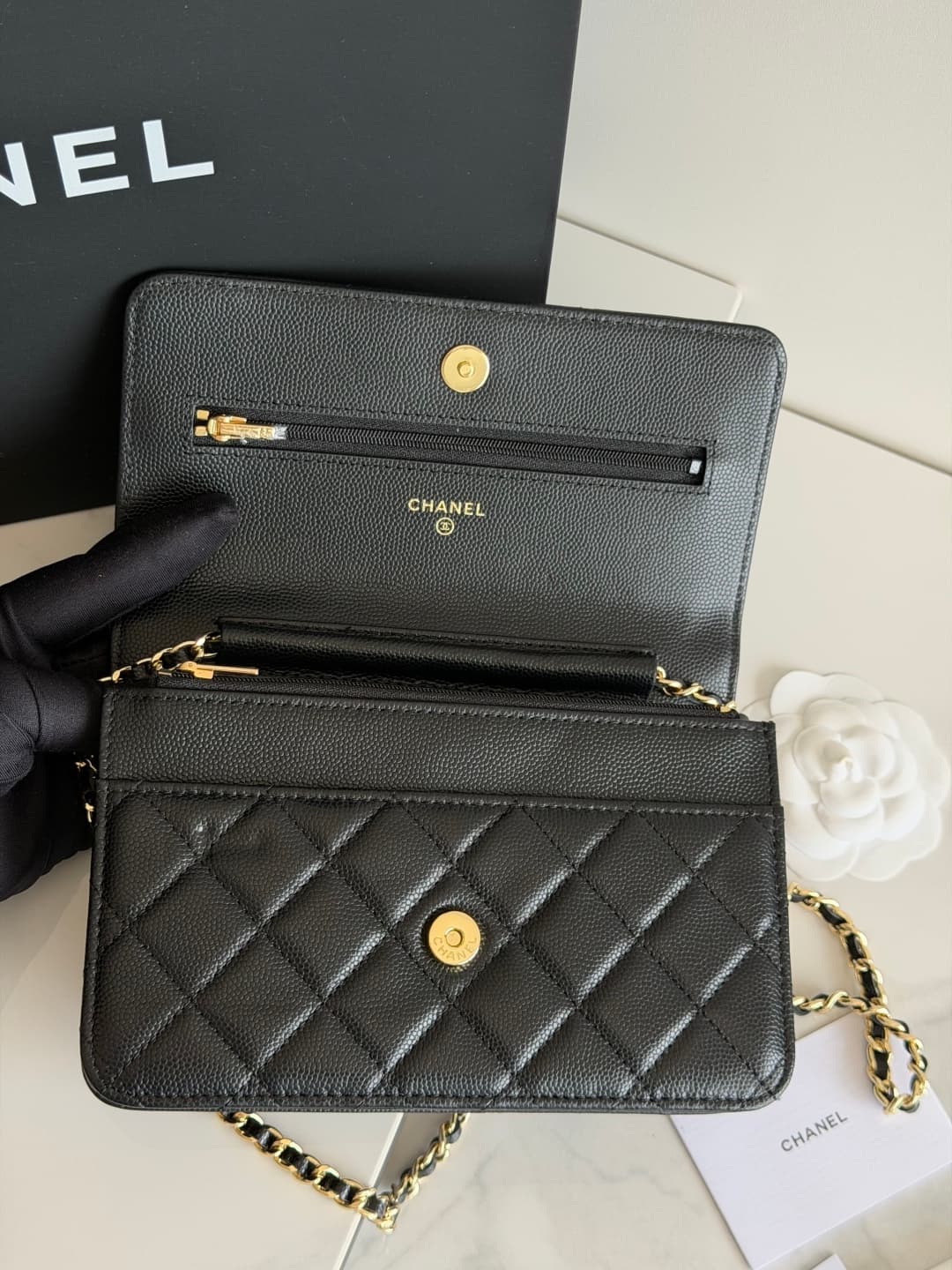Chanel Wallet on Chain Shiny Grained Calfskin Strass & Gold-Tone Metal Black AP5073 High