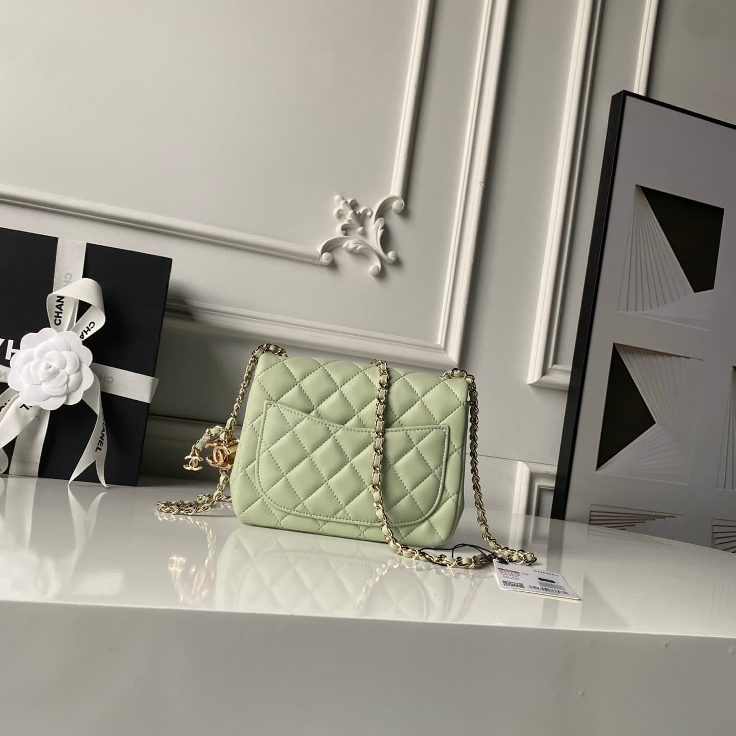 Chanel Mini Classic Flap Bag Lambskin & Gold-Tone Metal AS5758 Light Green High