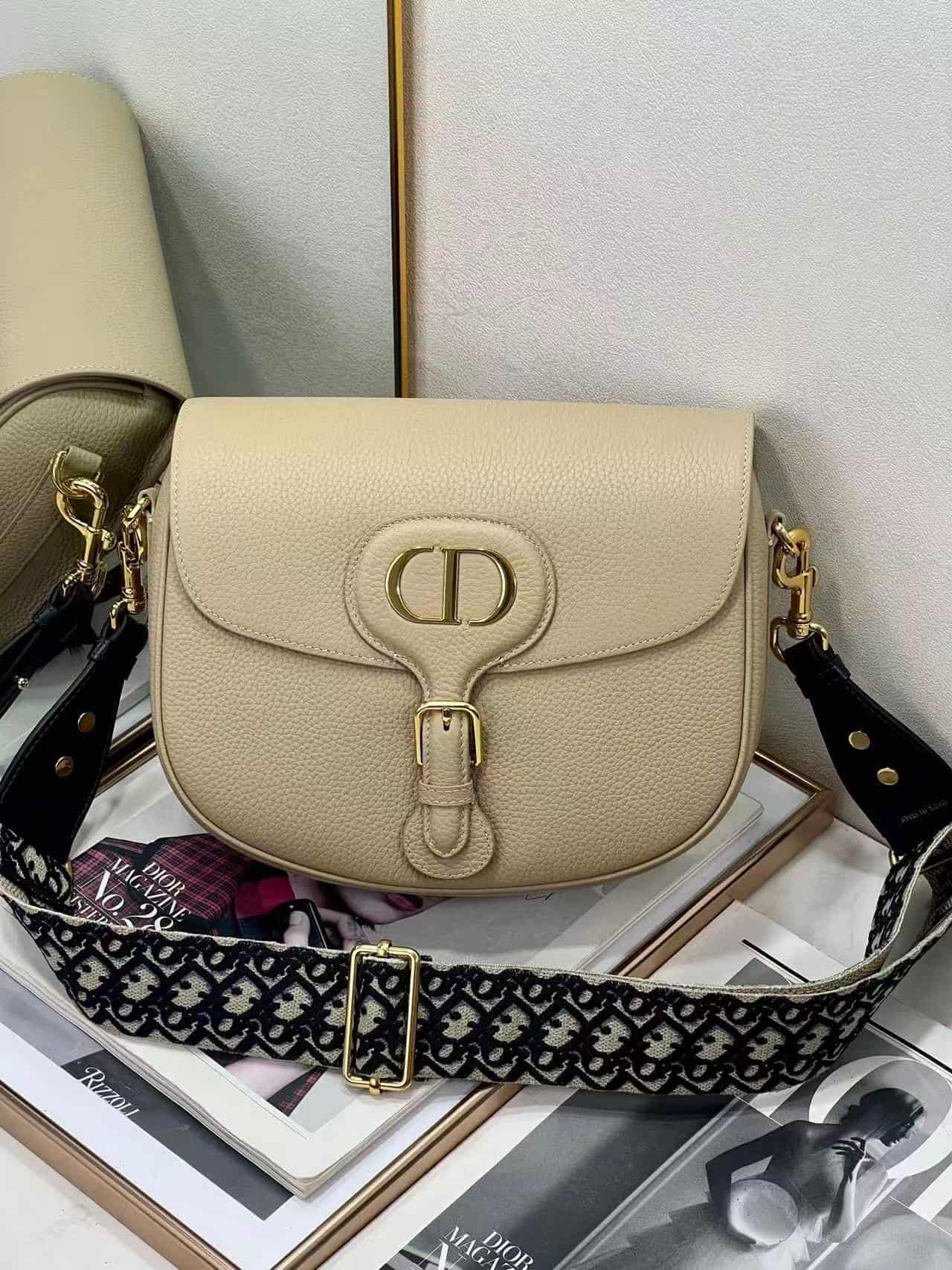 LARGE Dior BOBBY BAG Grained Calfskin with Blue Dior Oblique Embroidered Strap Beige High