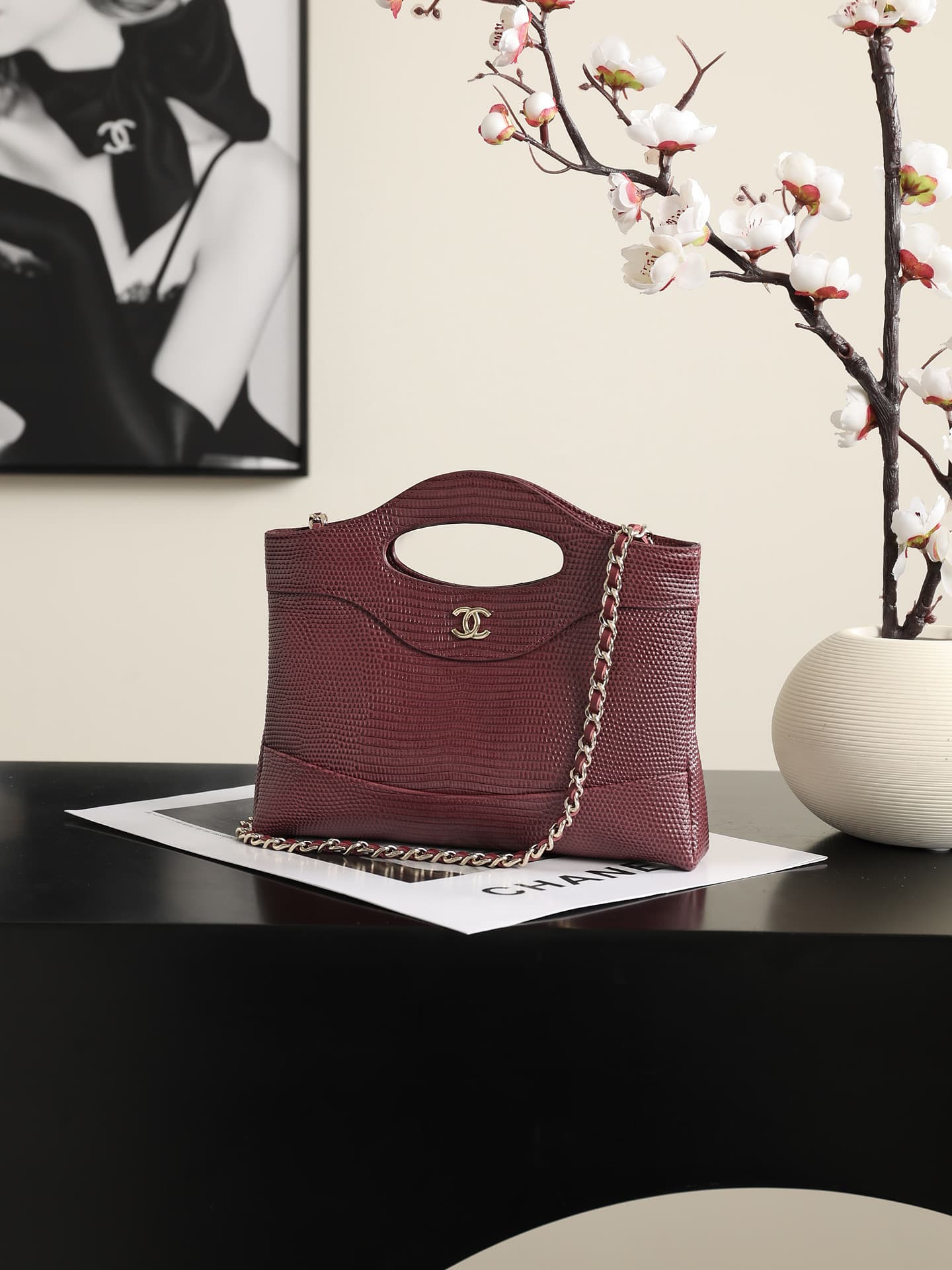 Chanel 31 Mini BAG Lizard-embossed Calfskin& Gold-Tone Metal AP3656 Dark Burgundy A