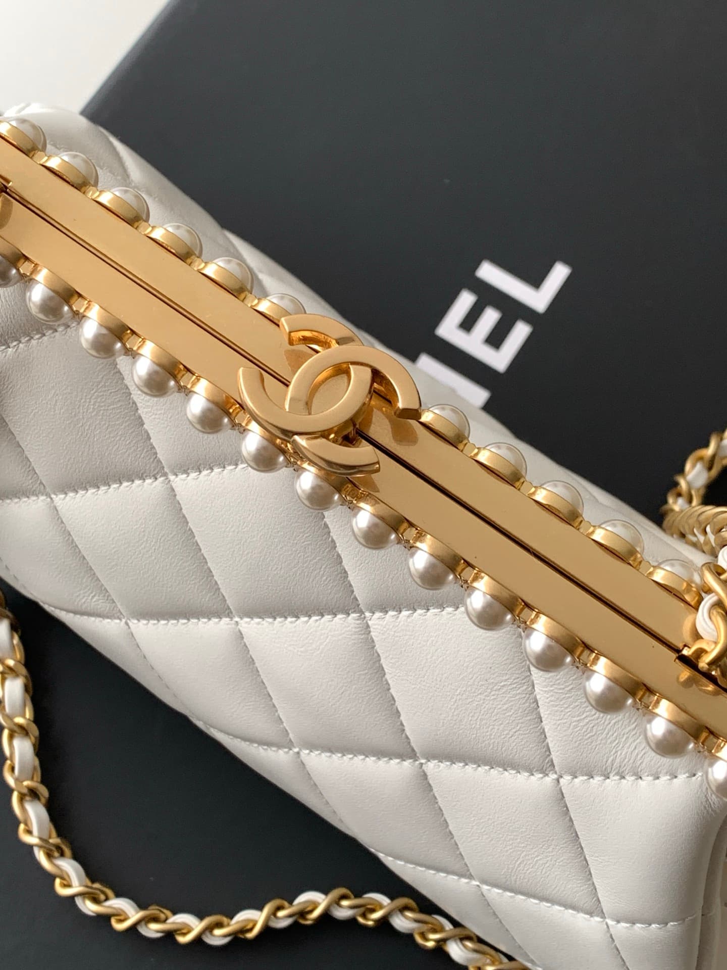 Chanel Pearly Lambskin Imitation Pearls & Gold-Tone Metal White AS5912 A
