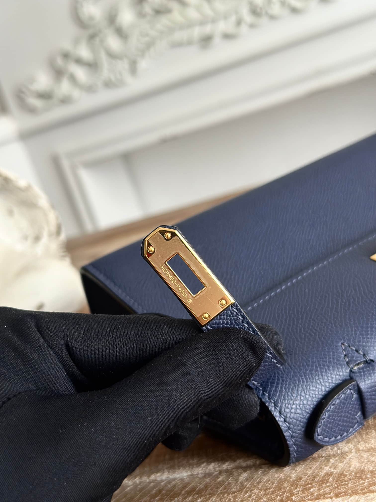 Hermes Kelly Pochette Bag Epsom Leather Silver/Gold Metal Bleu Saphir WAX High