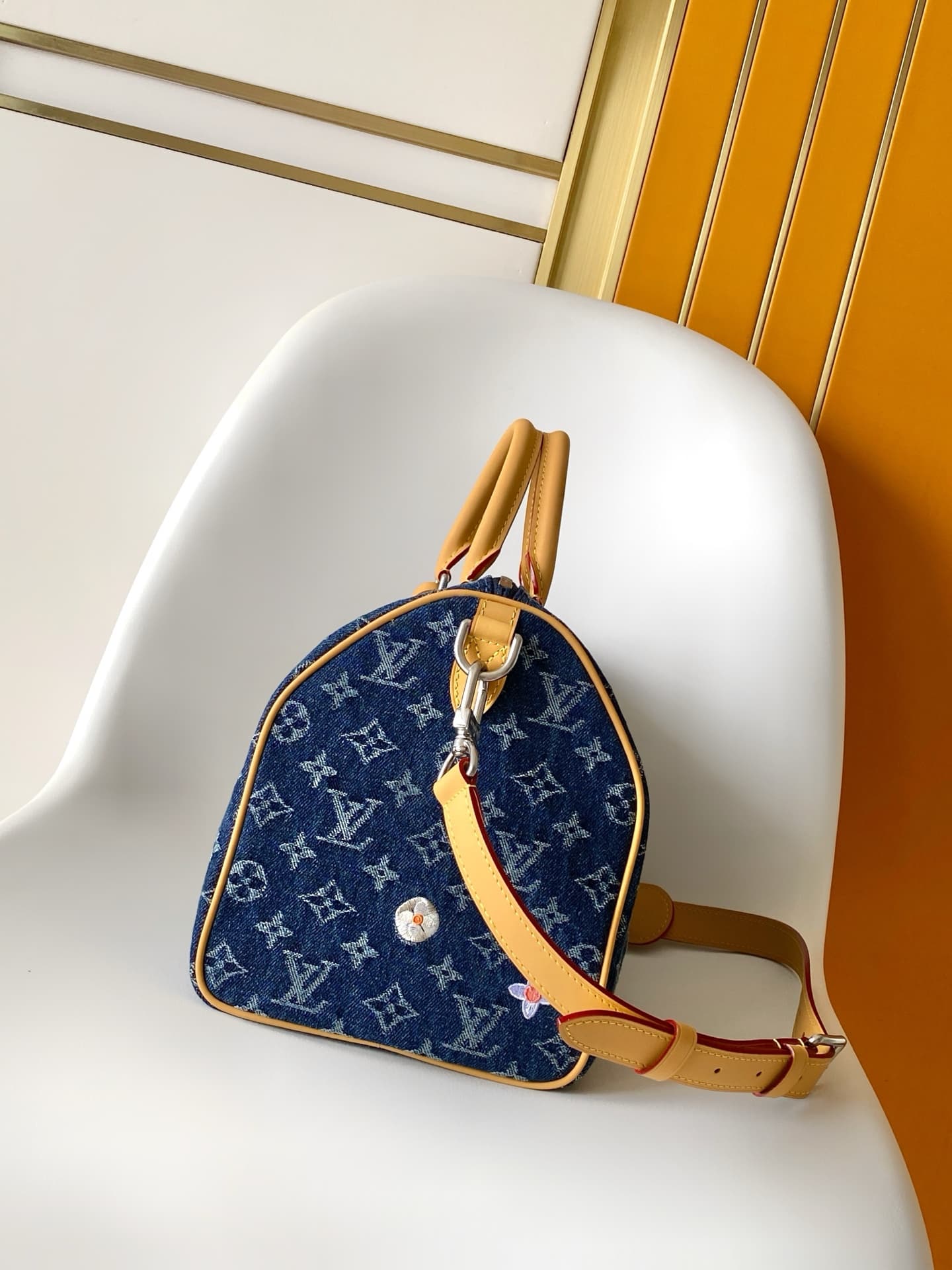 Louis Vuitton Speedy 30 Bandoulière Blue Monogram Flowers Denim M27556 High