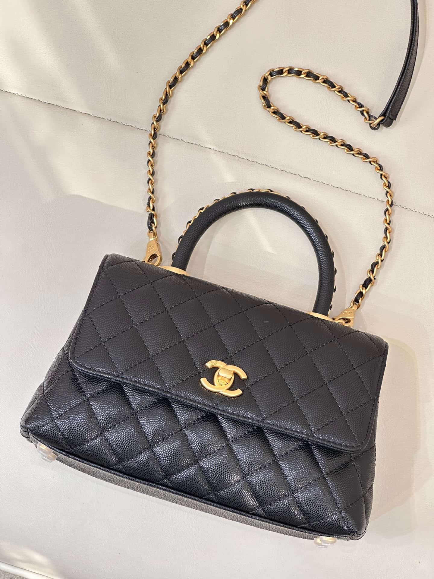 FLAP BAG WITH TOP HANDLE Grained Calfskin & Gold-Tone Metal A92990 Black  TOP