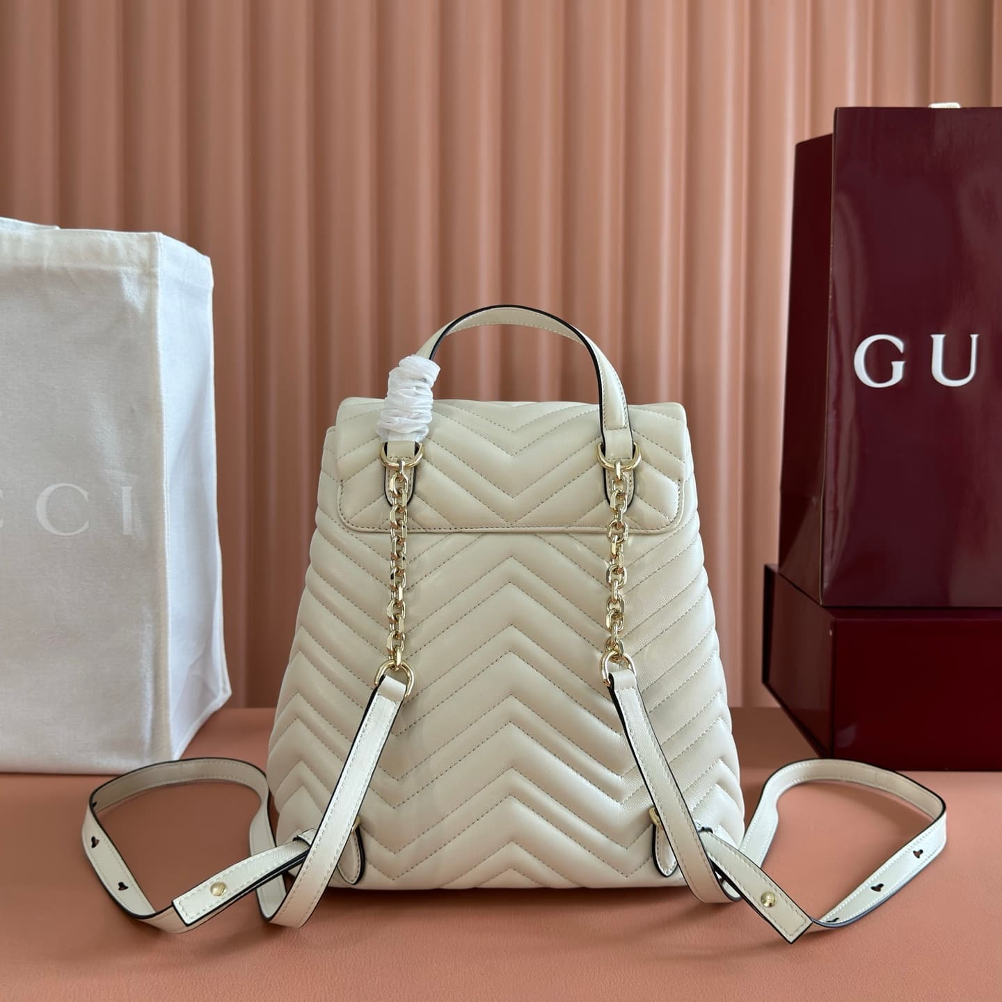Gucci GG Marmont Small Backpack White Matelassé Chevron Nappa Leather 861878  High