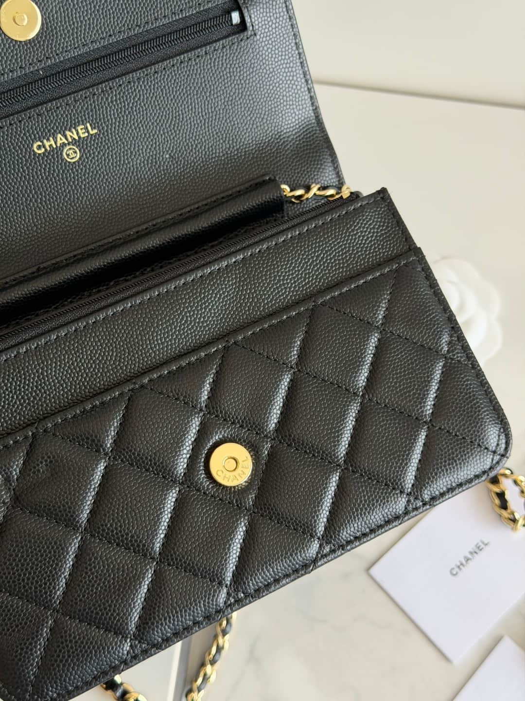 Chanel Wallet on Chain Shiny Grained Calfskin Strass & Gold-Tone Metal Black AP5073 High