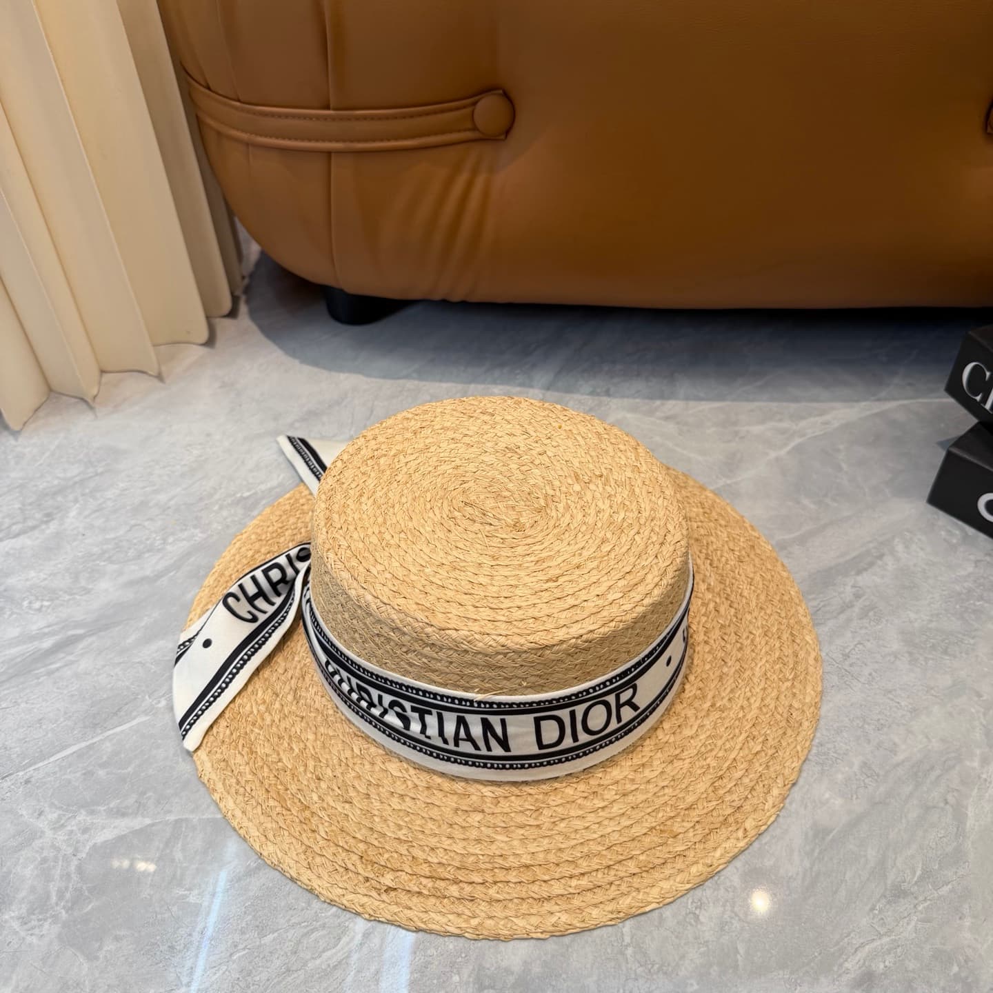 Dior D-Bobby Large Brim Hat Straw with Blue and White