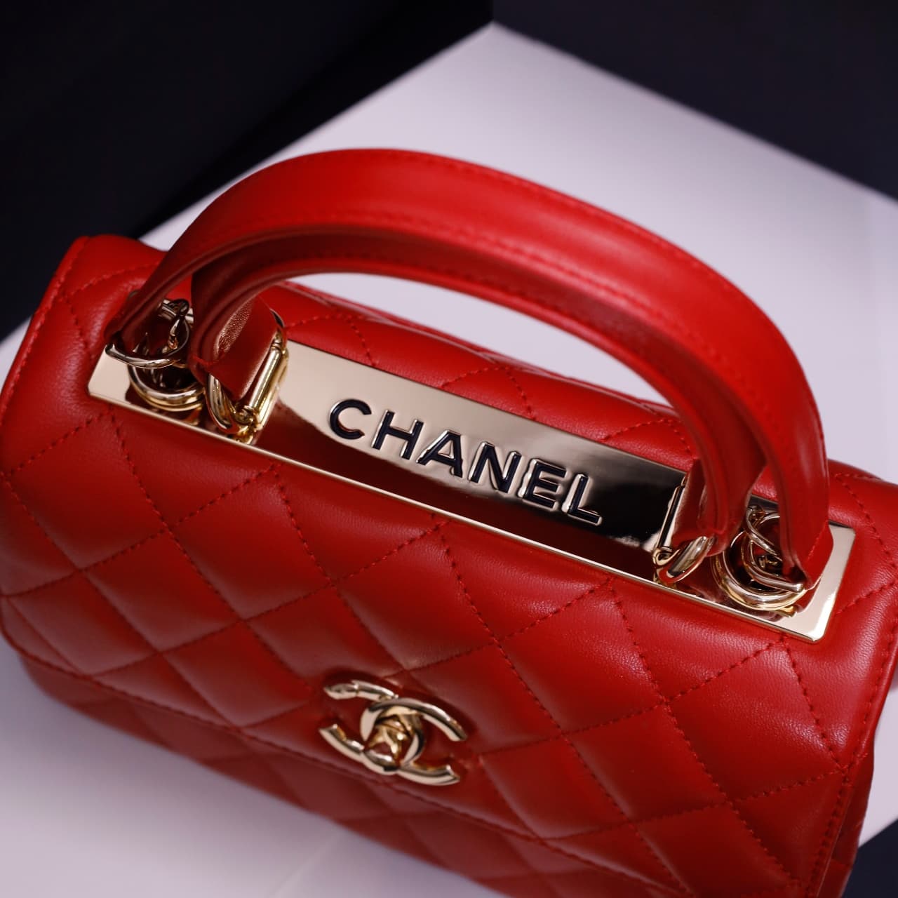 Chanel MINI FLAP BAG WITH TOP HANDLE AS4654 Lambskin &Gold-Tone Metal Red A