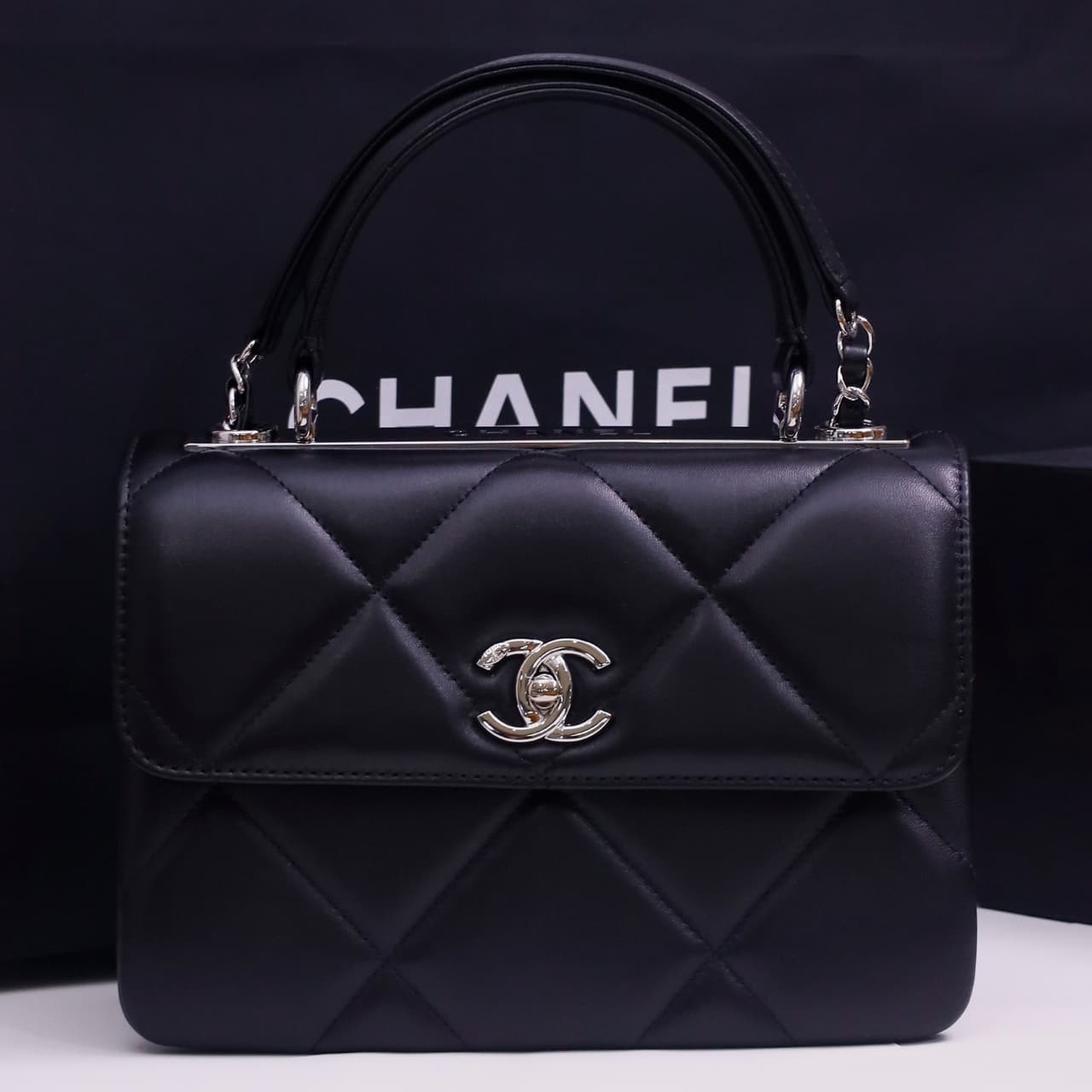 SMALL FLAP BAG WITH TOP HANDLE Lambskin Silver Metal Black A