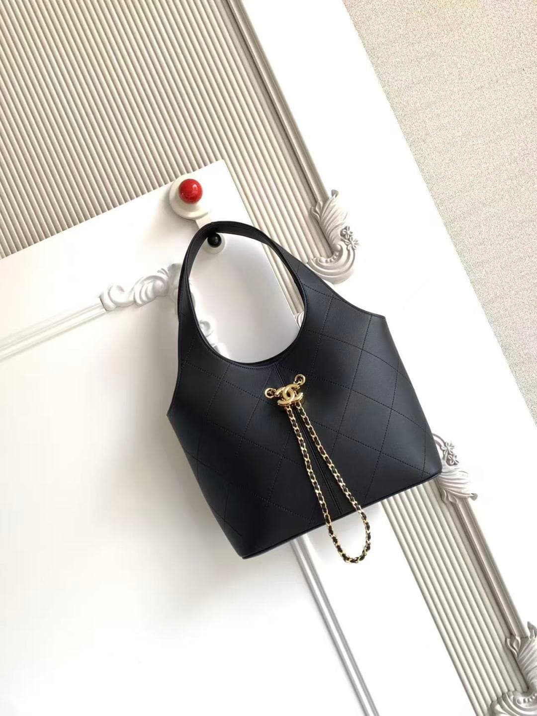 Chanel Medium Shopping Bag Black Leather & Gold-Tone Metal AS6108 A