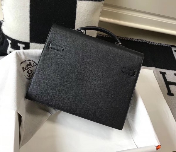 Hermes Kelly Depeche 34 Briefcase In Black Calfskin WAX High