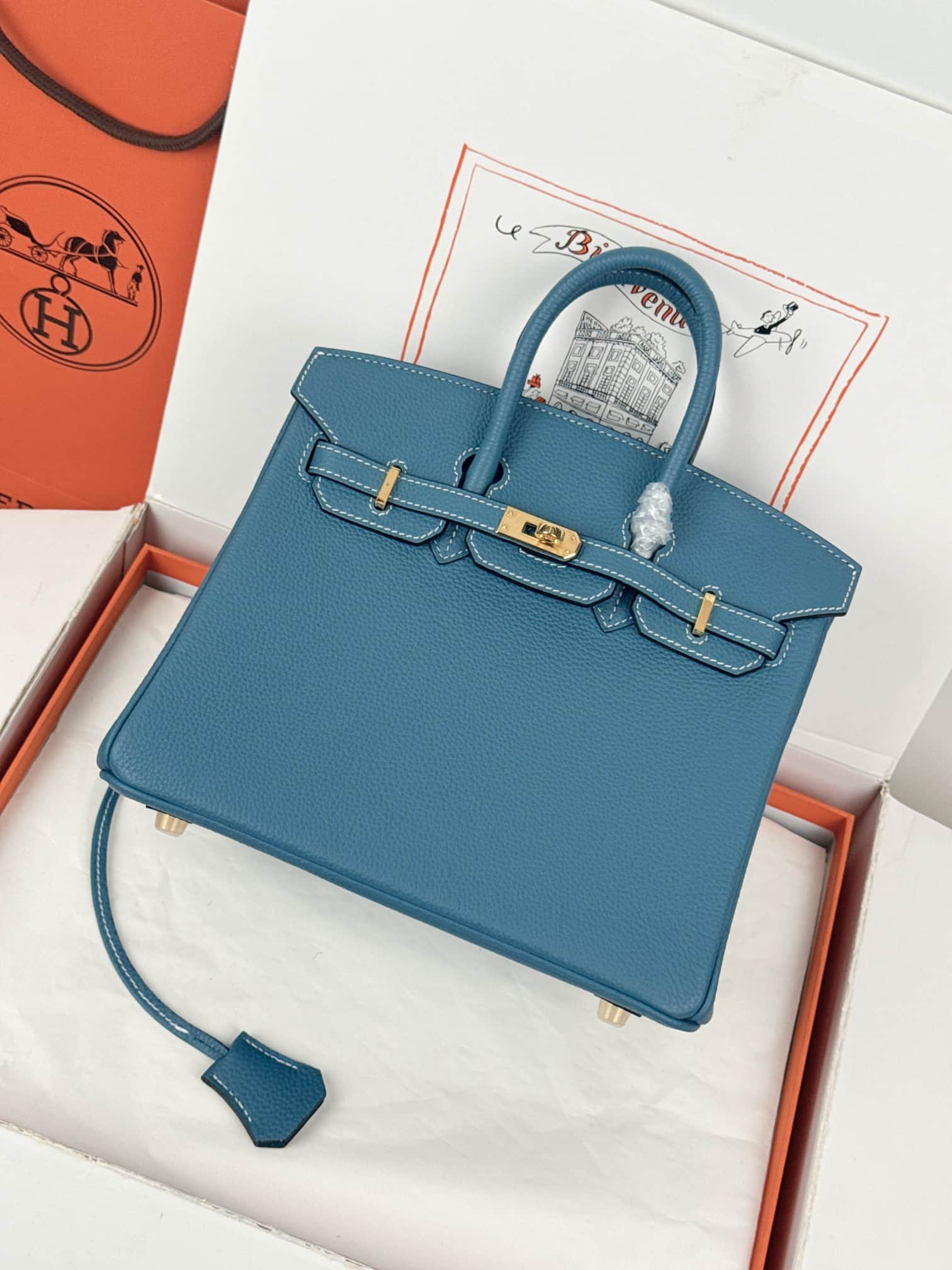 Hermes Birkin 25/30 Bag Togo Calfskin Leather Bleu Jean High