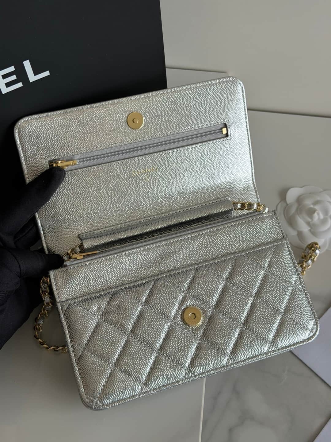 Chanel Wallet on Chain Shiny Grained Calfskin Strass & Gold-Tone Metal Silver AP5073 High
