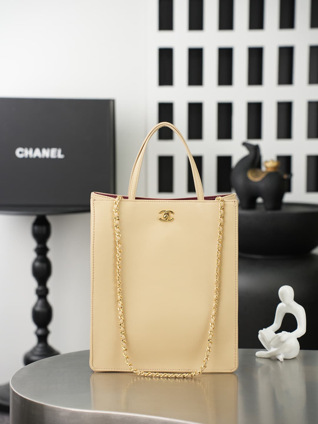 Chanel Small Shopping Bag Calfskin & Gold-Tone Metal Beige AS6452 A