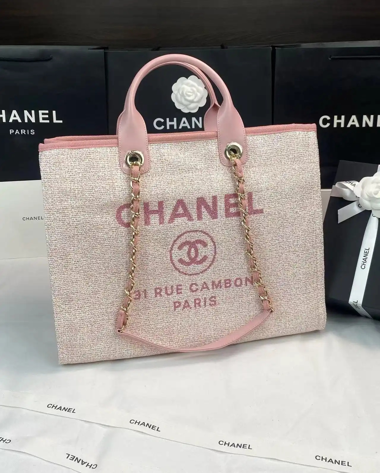 Chanel Deauville Medium Tote Canvas & Gold-Tone Metal Pink High
