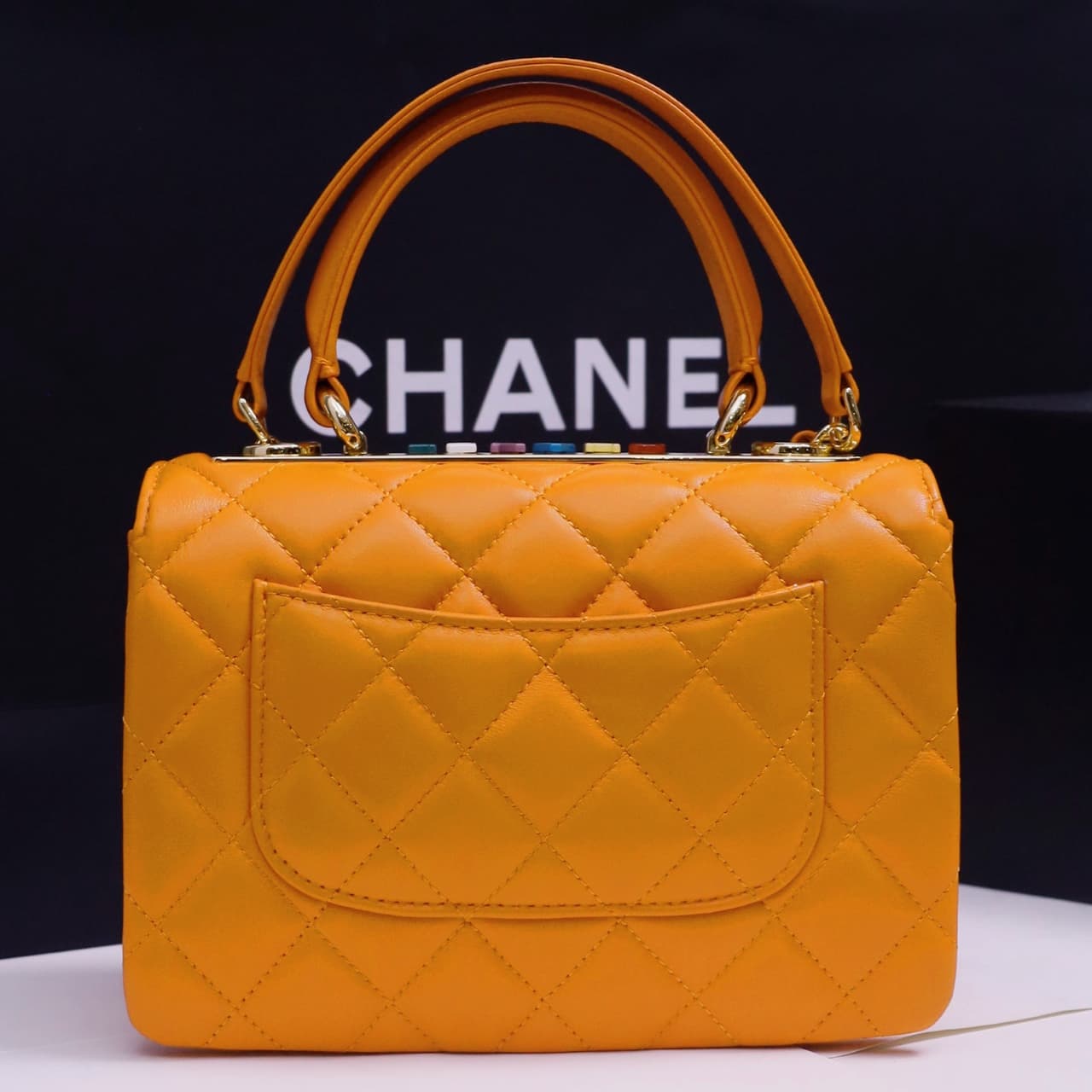 Chanel MINI FLAP BAG WITH TOP HANDLE AS4654 Lambskin &Gold-Tone Metal Orange A