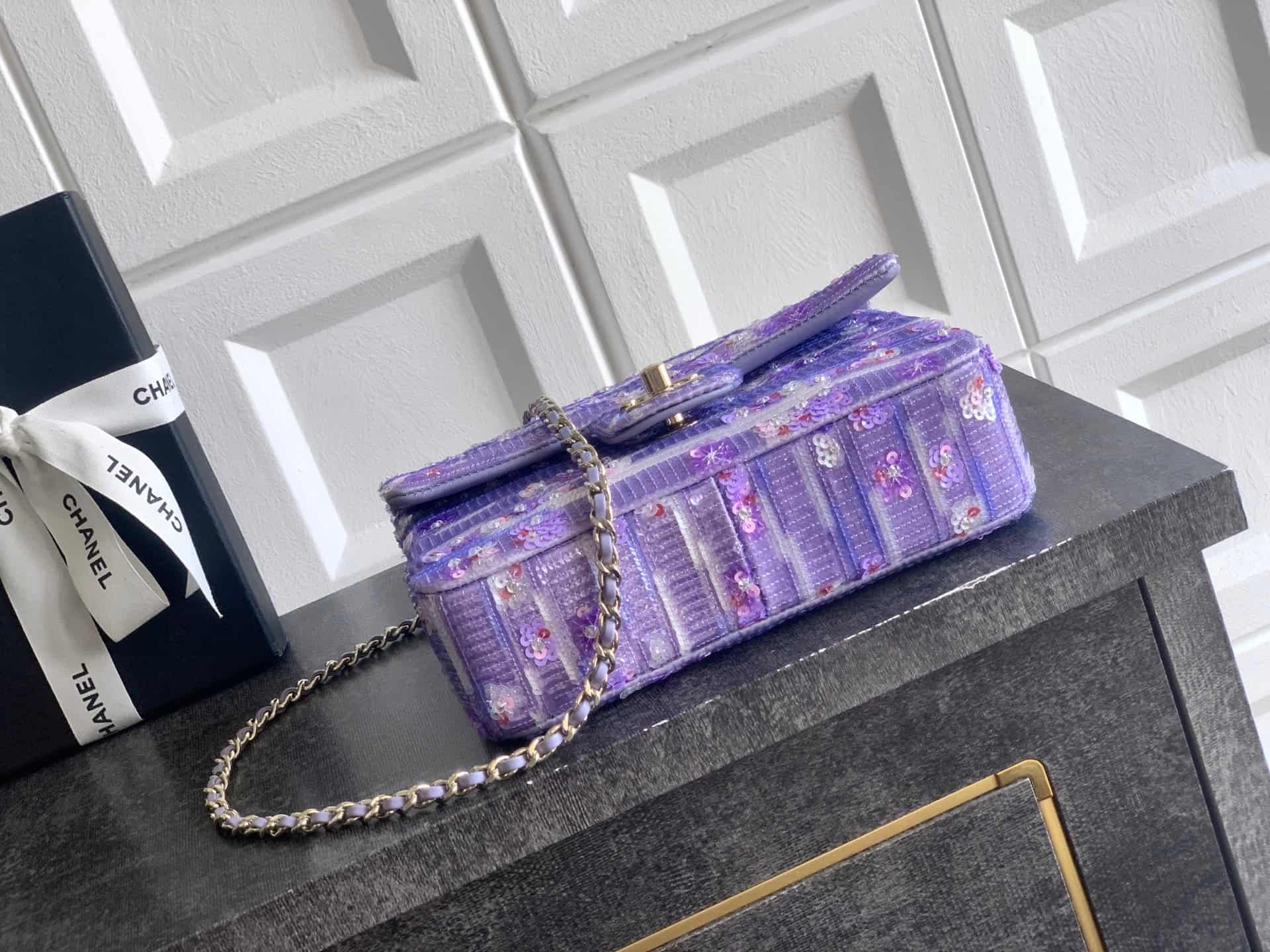 Chanel Classic Mini Flap Bag Sequin Embroidery & Gold-Tone Metal Purple 6171 A