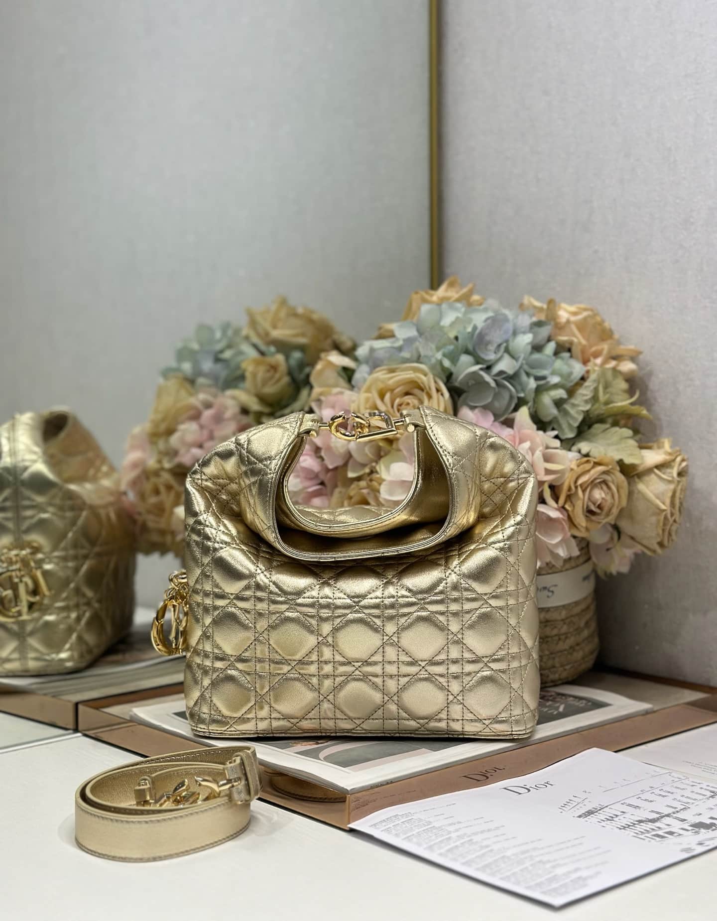 Dior Metallic Cannage Calfskin Handbag Gold High