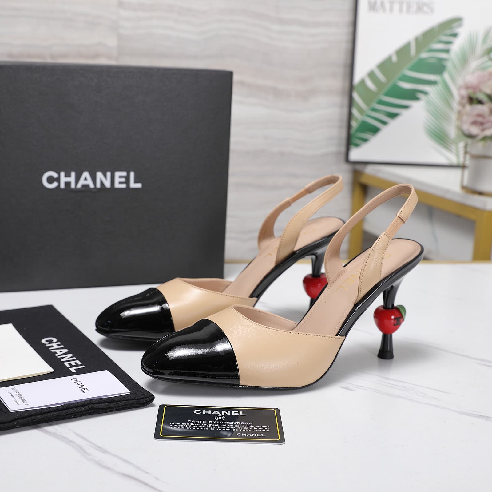 Chanel Lambskin Patent Cap Toe CC Slingback Pumps