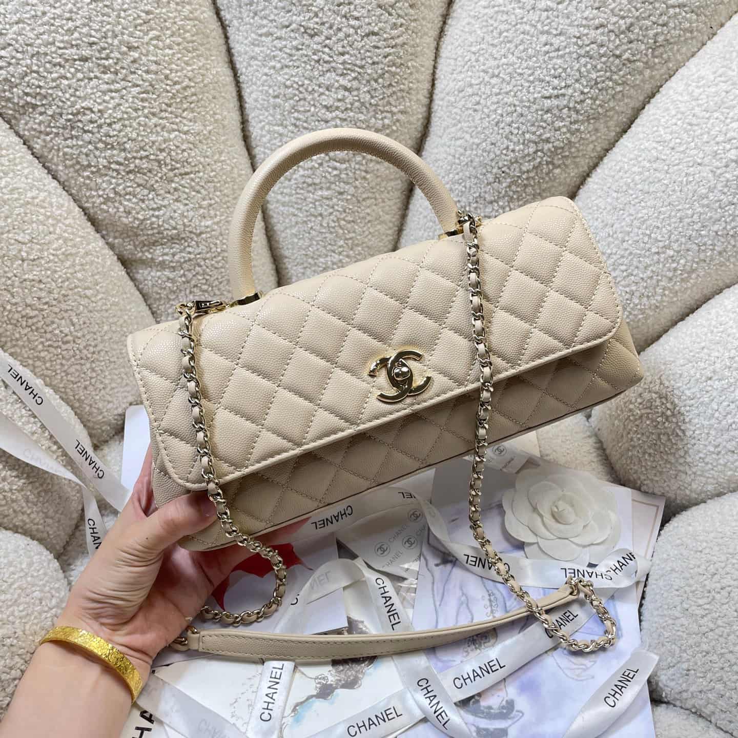 Chanel Maxi Flap Bag with Top Handle Grained Calfskin& Gold-Tone Metal AS6091 Beige A