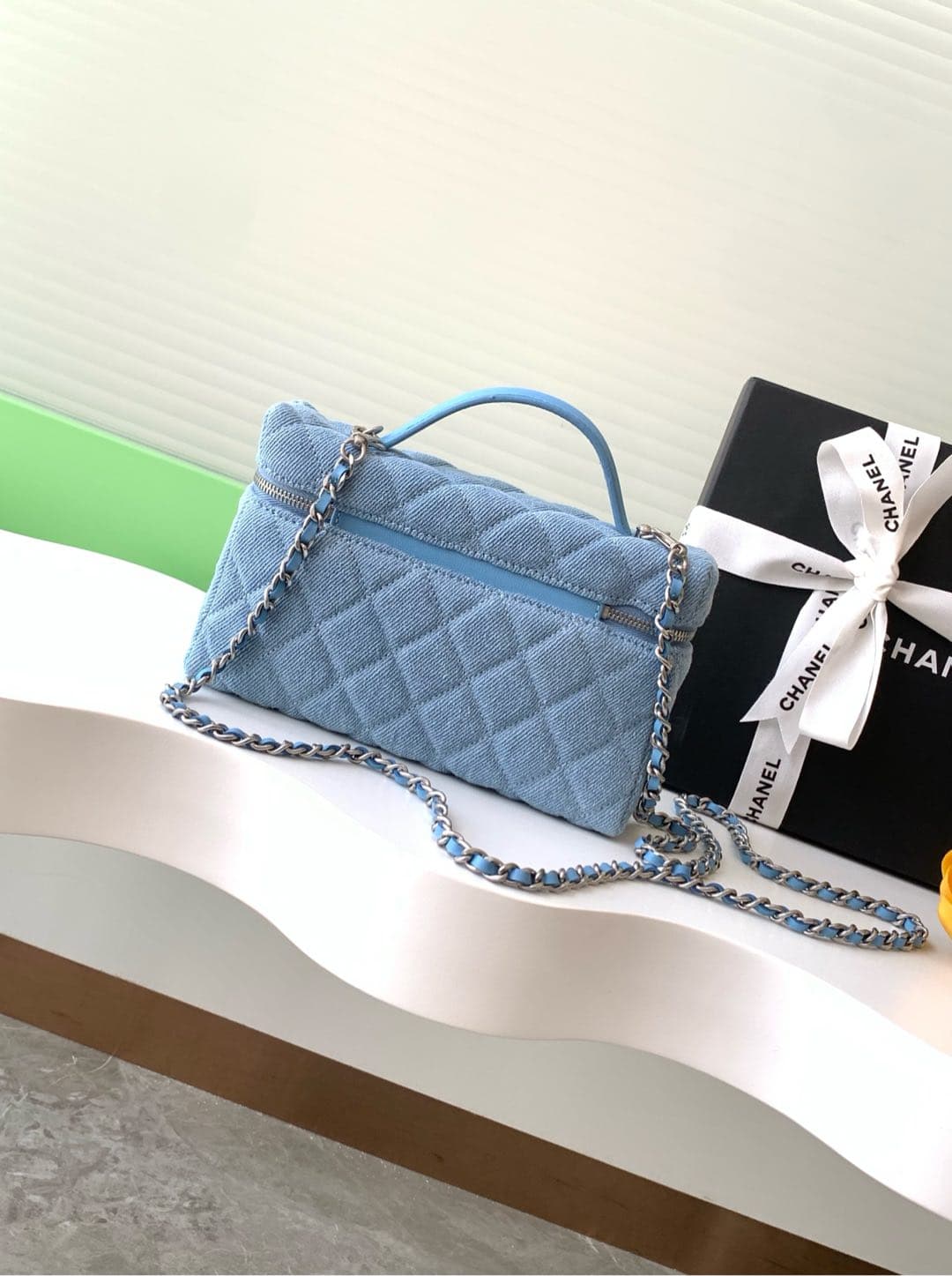 Chanel VANITY WITH CHAIN AP4407 Denim & Small Logo & Anti Silver-Tone Metal Blue High