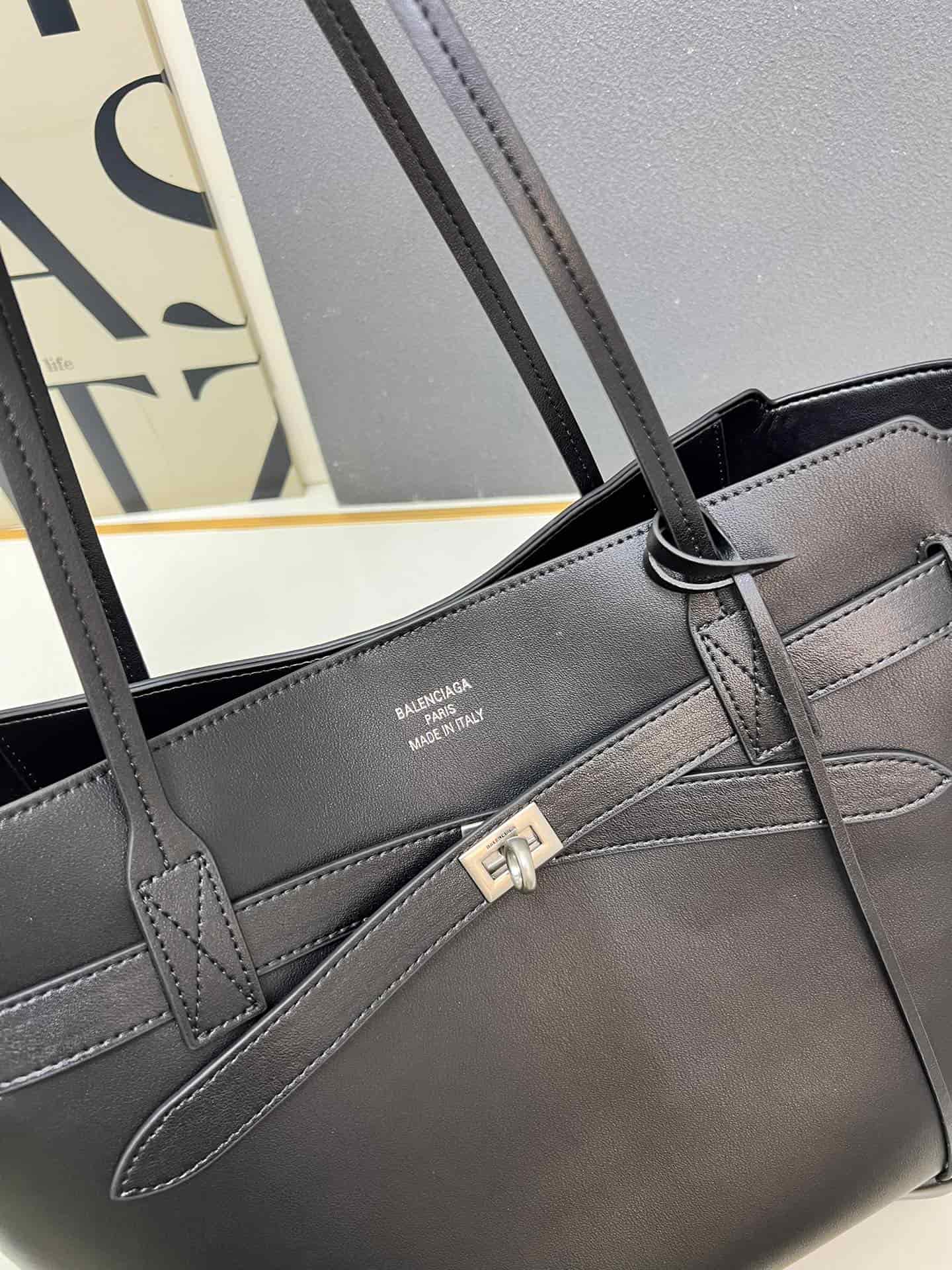 Balenciaga Bel Air Tote Bag Large in black smooth calfskin silver hardware 1W5047 High