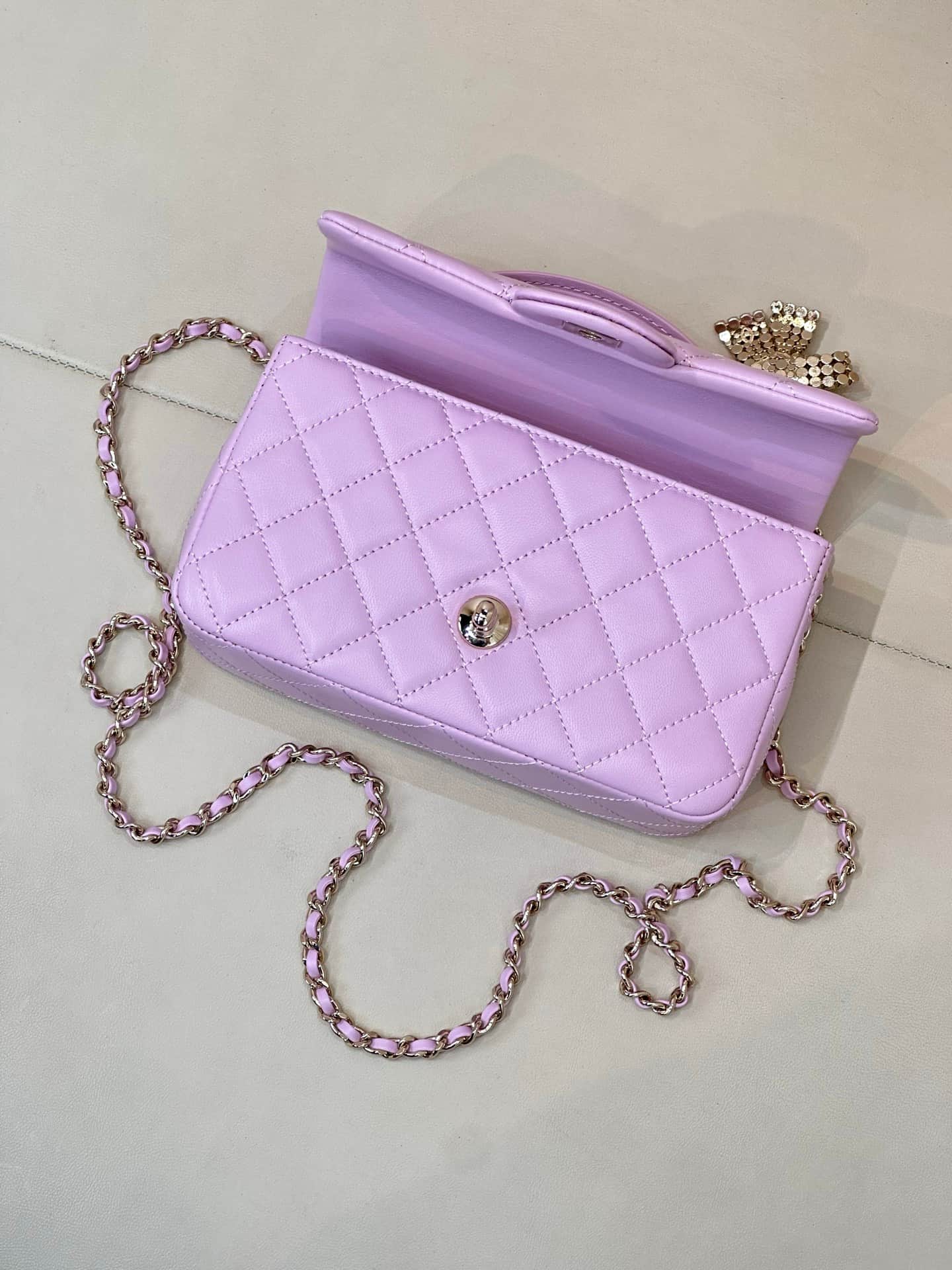 Chanel Mini Classic Handbag Lambskin Strass & Gold-Tone Metal AS2431 light purple TOP