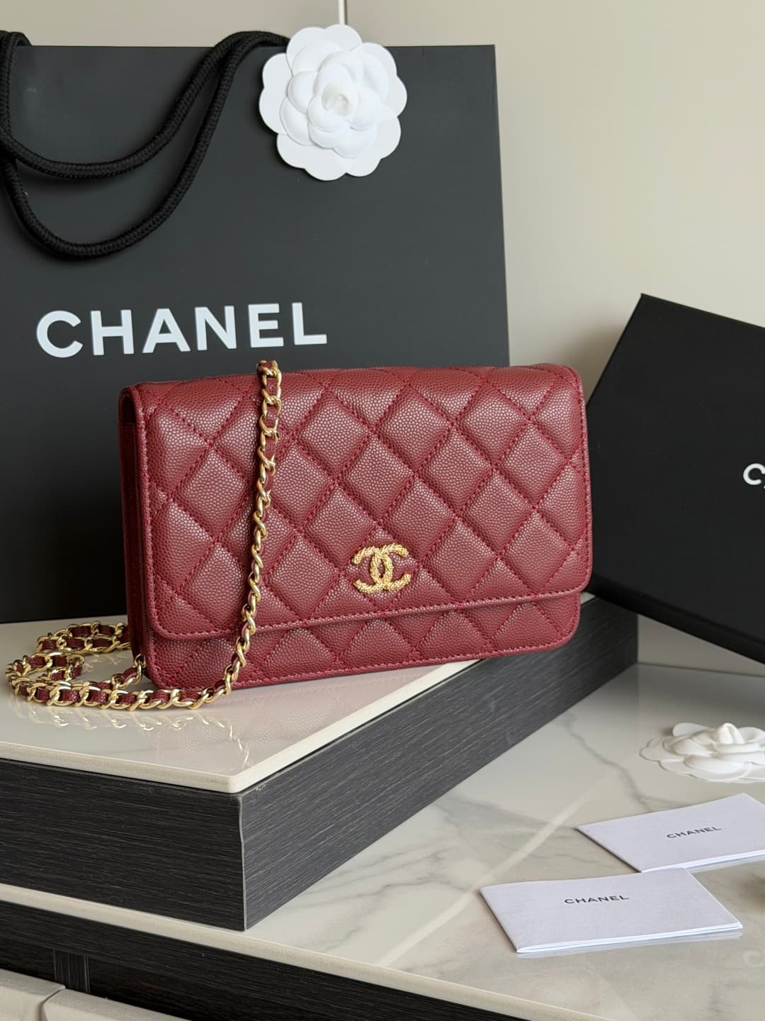 Chanel Wallet on Chain Shiny Grained Calfskin Strass & Gold-Tone Metal Red AP5073 High